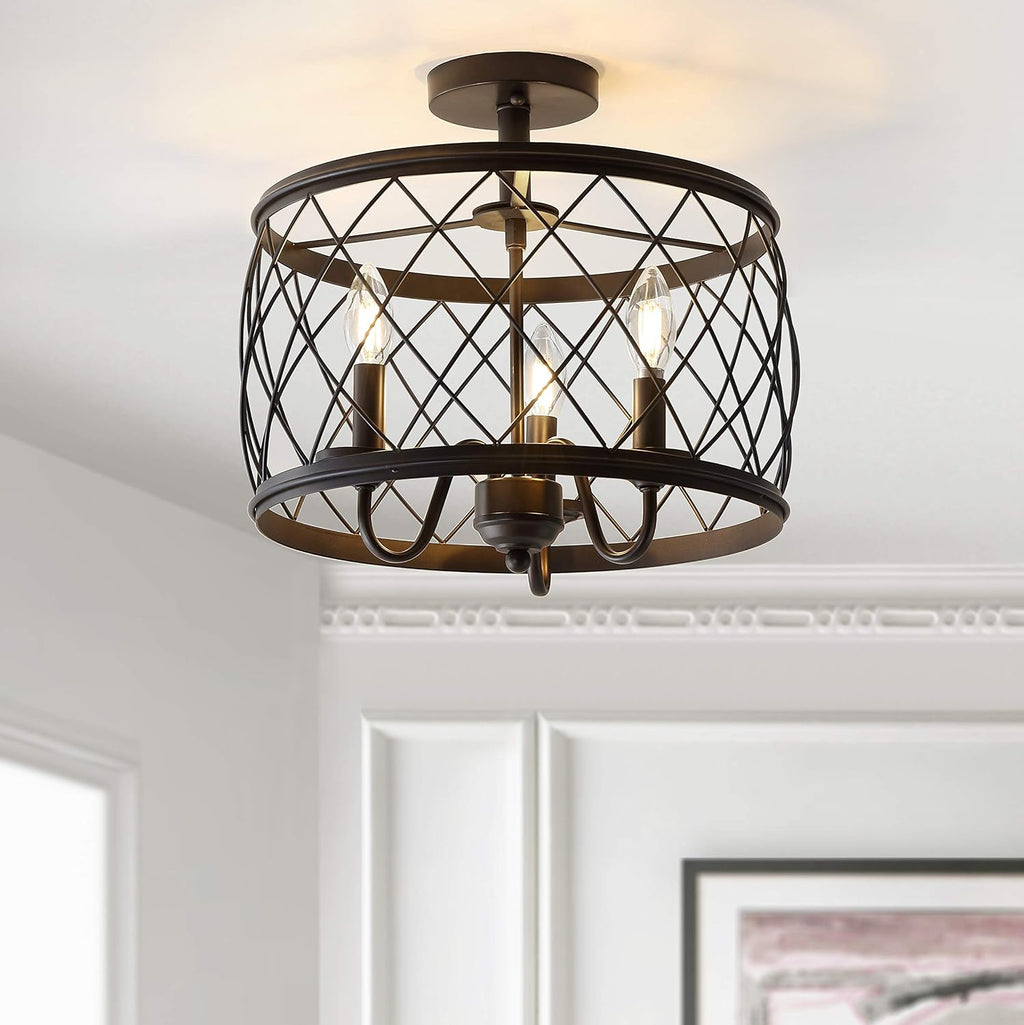 JONATHAN Y 15' Oil Rubbed Bronze LED Semi Flush Mount Ceiling Light, 3-Light Modern Industrial Drum Fixture for Bedroom Living Room Hallway, Gold Metal Cage Shade (JYL9037B)