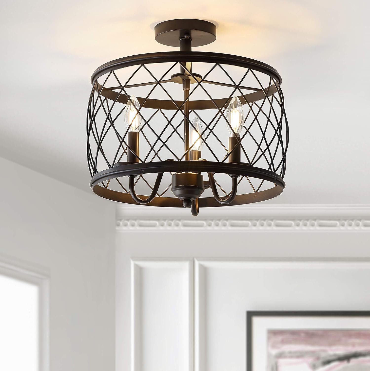 JONATHAN Y 15' Oil Rubbed Bronze LED Semi Flush Mount Ceiling Light, 3-Light Modern Industrial Drum Fixture for Bedroom Living Room Hallway, Gold Metal Cage Shade (JYL9037B)