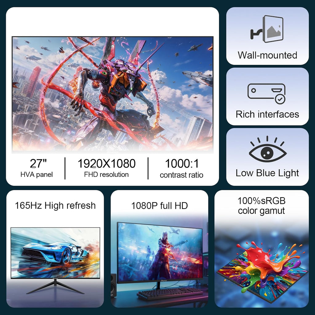 27 Inch FHD (1920x1080) Gaming Office Monitor,165Hz Refresh Rate, HVA Panel Computer Monitor, 1000:1 Contrast Ratio,100% sRGB HDMI and DisplayPort Interfaces (G27X)