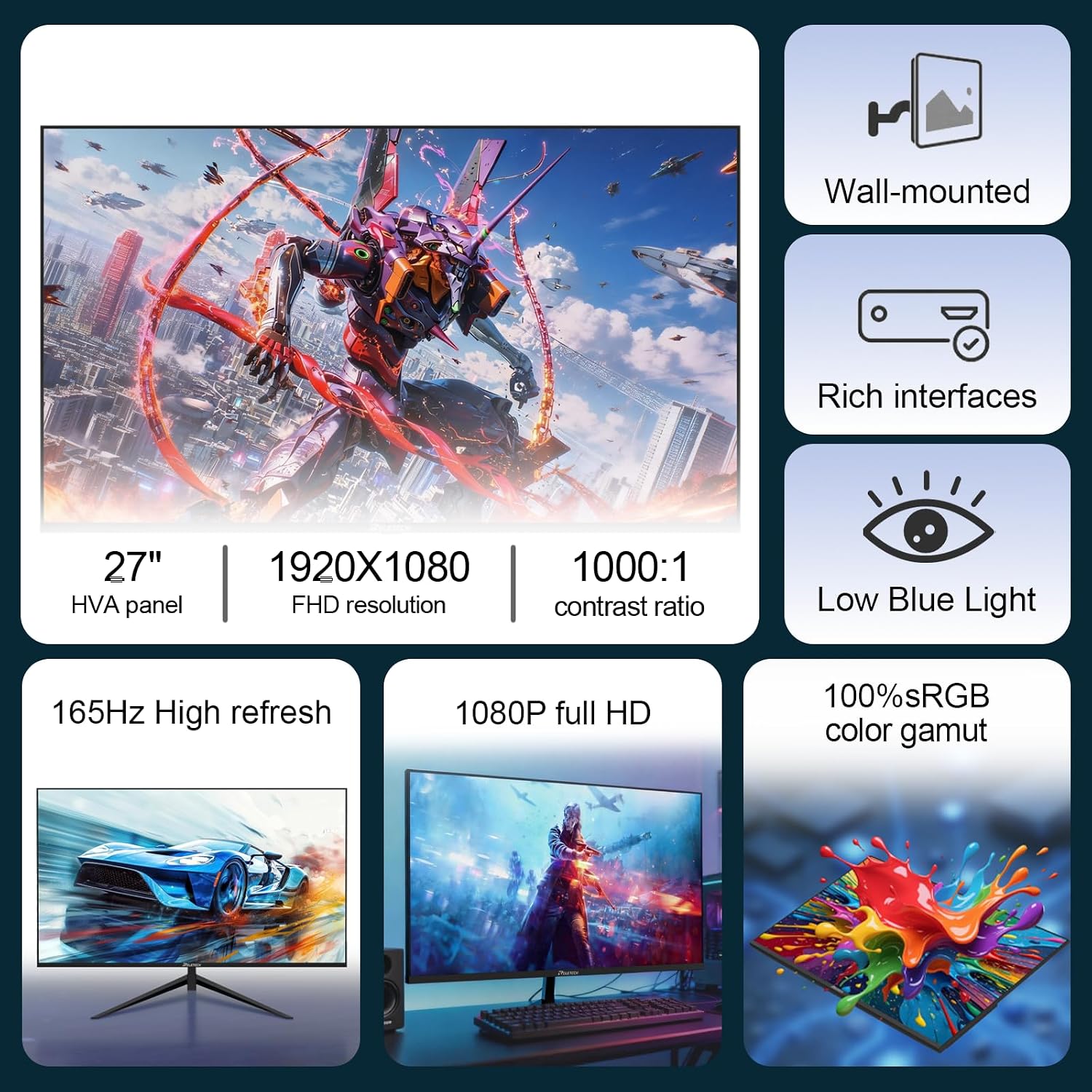 27 Inch FHD (1920x1080) Gaming Office Monitor,165Hz Refresh Rate, HVA Panel Computer Monitor, 1000:1 Contrast Ratio,100% sRGB HDMI and DisplayPort Interfaces (G27X)