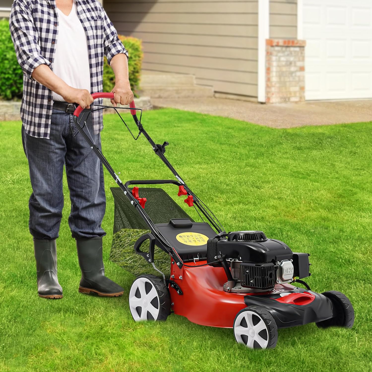 Gas Powered Lawn Mower, 4-Stroke 140cc Self-Propelled 20 Inch Cutting Width 3-in-1 Lawn Mower with Grass Collecting Bag, 8 Adjustable Heights, 4000w Single Cylinder Weeding Machine