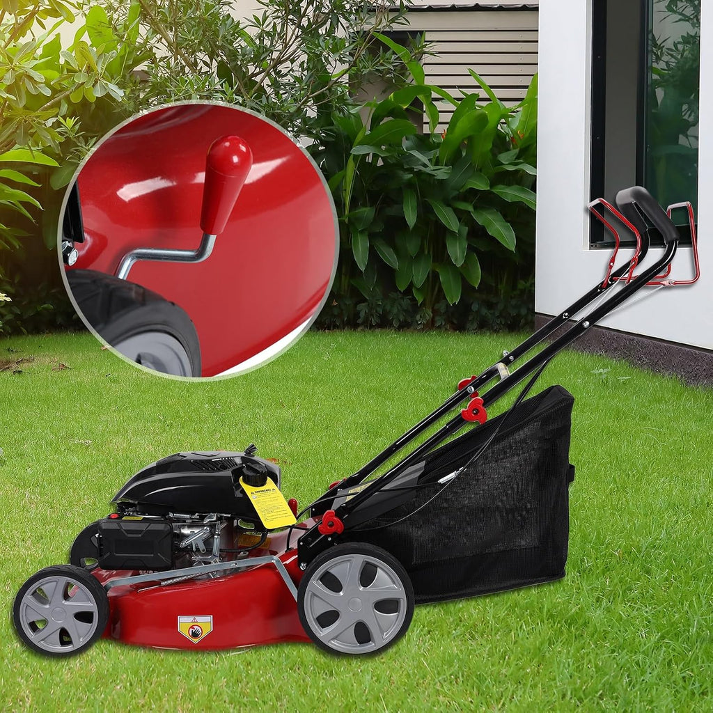Lawn Mower, Self Propelled Lawn Mower, 141cc Gas Engine 20-inch Blade Lawn Mower, Push Lawn Mower with 50L Grass Tank, Big Wheels Red