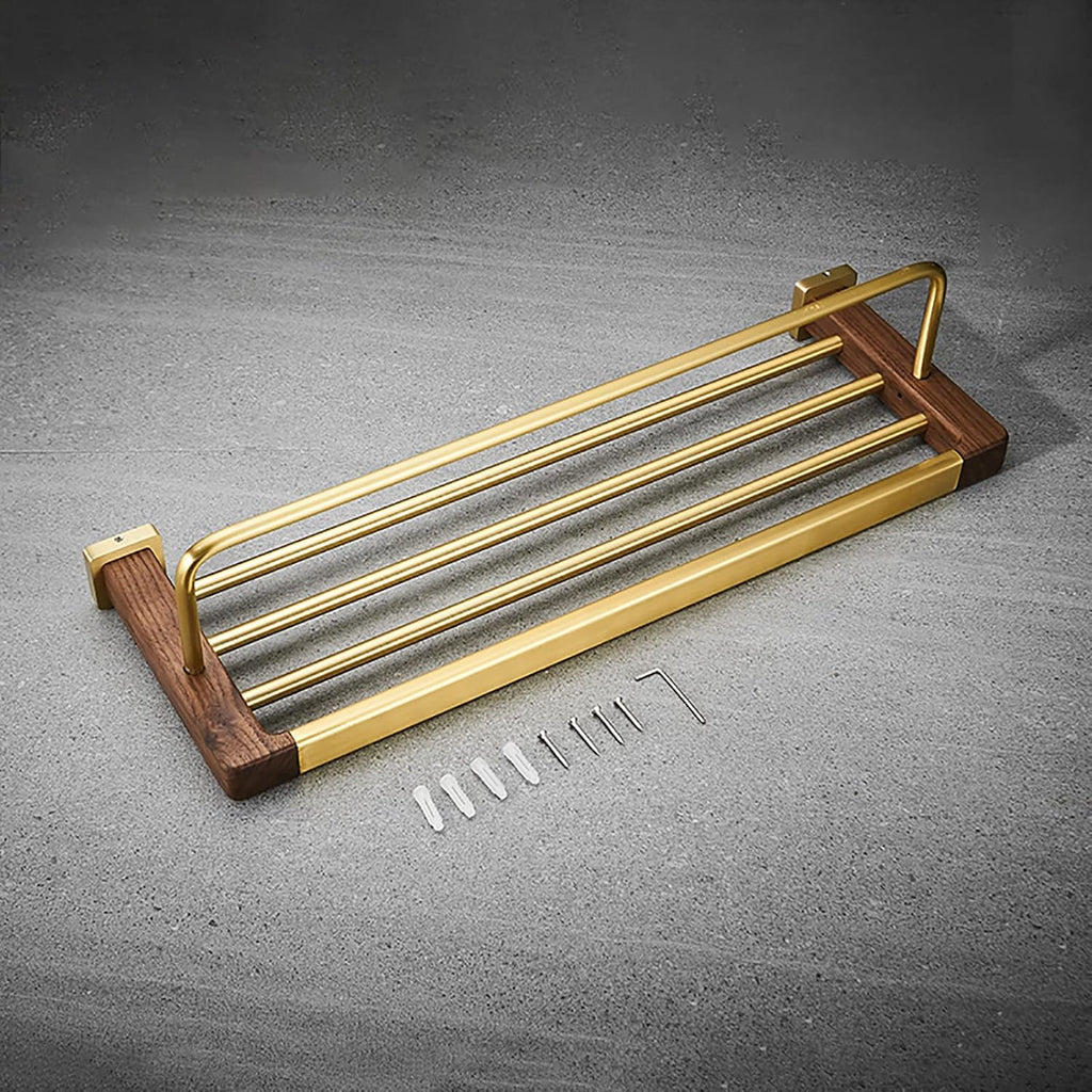 Bathroom Towel Rack Brushed Gold Towel Bar Space Aluminum and Walnut Towel Rail Wall Mounted Towel Holder Double Rod Storage Rack for Bathroom, Kitchen, Toilet