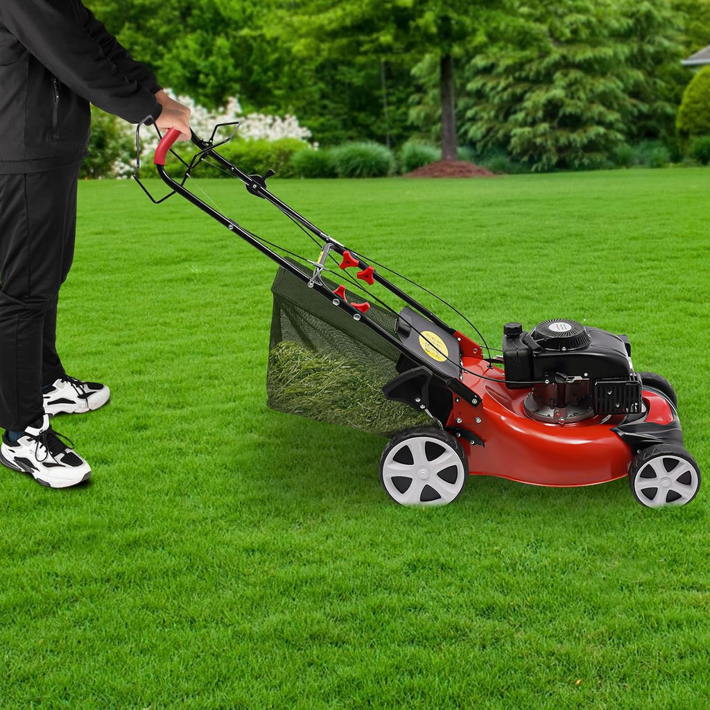 140CC 4-Stroke 5HP Gas Self-propelled Lawn Mower, 20in Mowing Width 2800RPM Pull Start Gas Powered Lawn Mower 8 Gears Height Adjustable, for Greening, Gardens, Villas, Estates