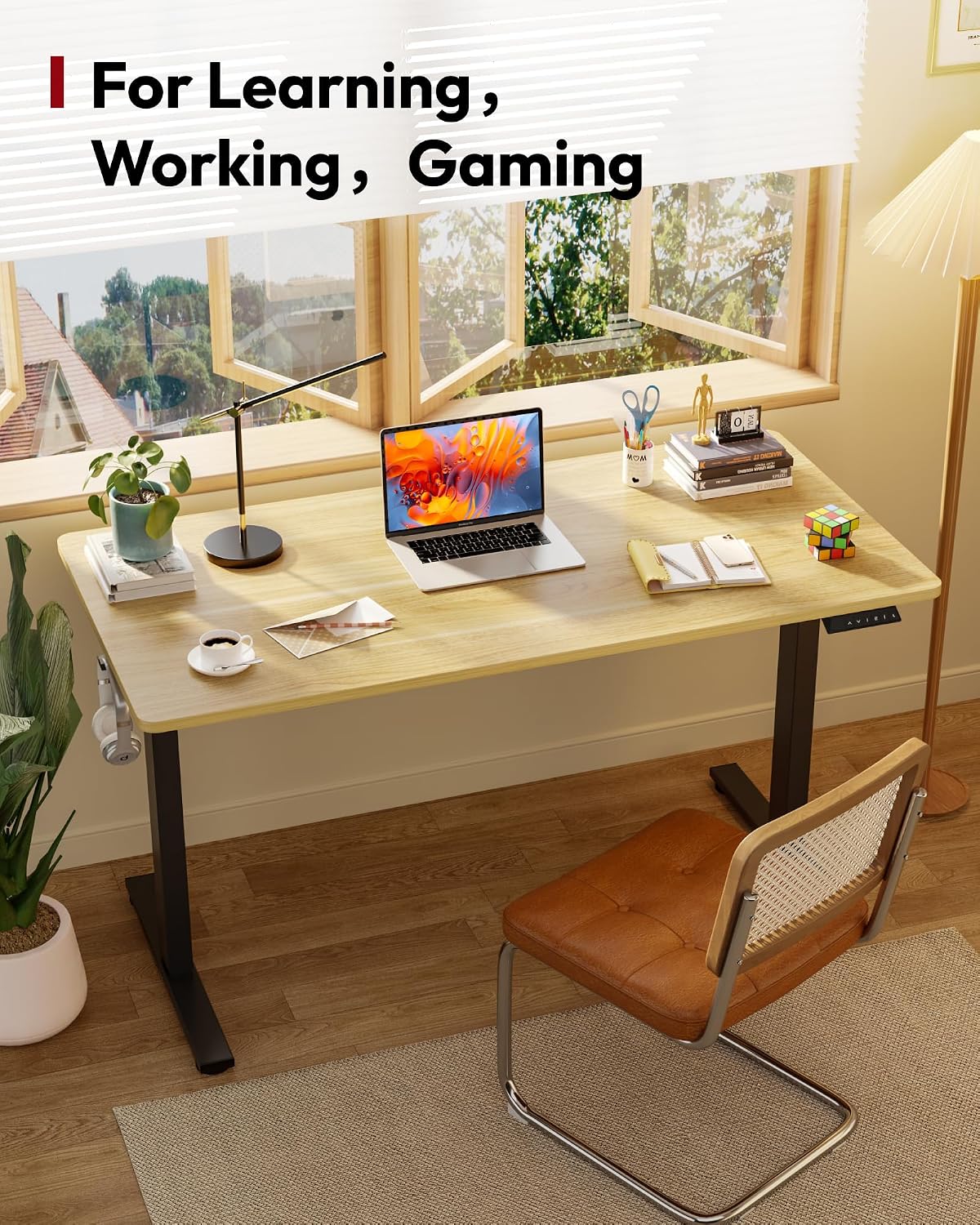 SANODESK Electric Standing Desk 48 x 30 Inches Whole-Piece Desktop Height Adjustable Stand Up Desk w/6-Button Controller Ergonomic Computer Desk for Home Office, Black Frame + Natural Tabletop