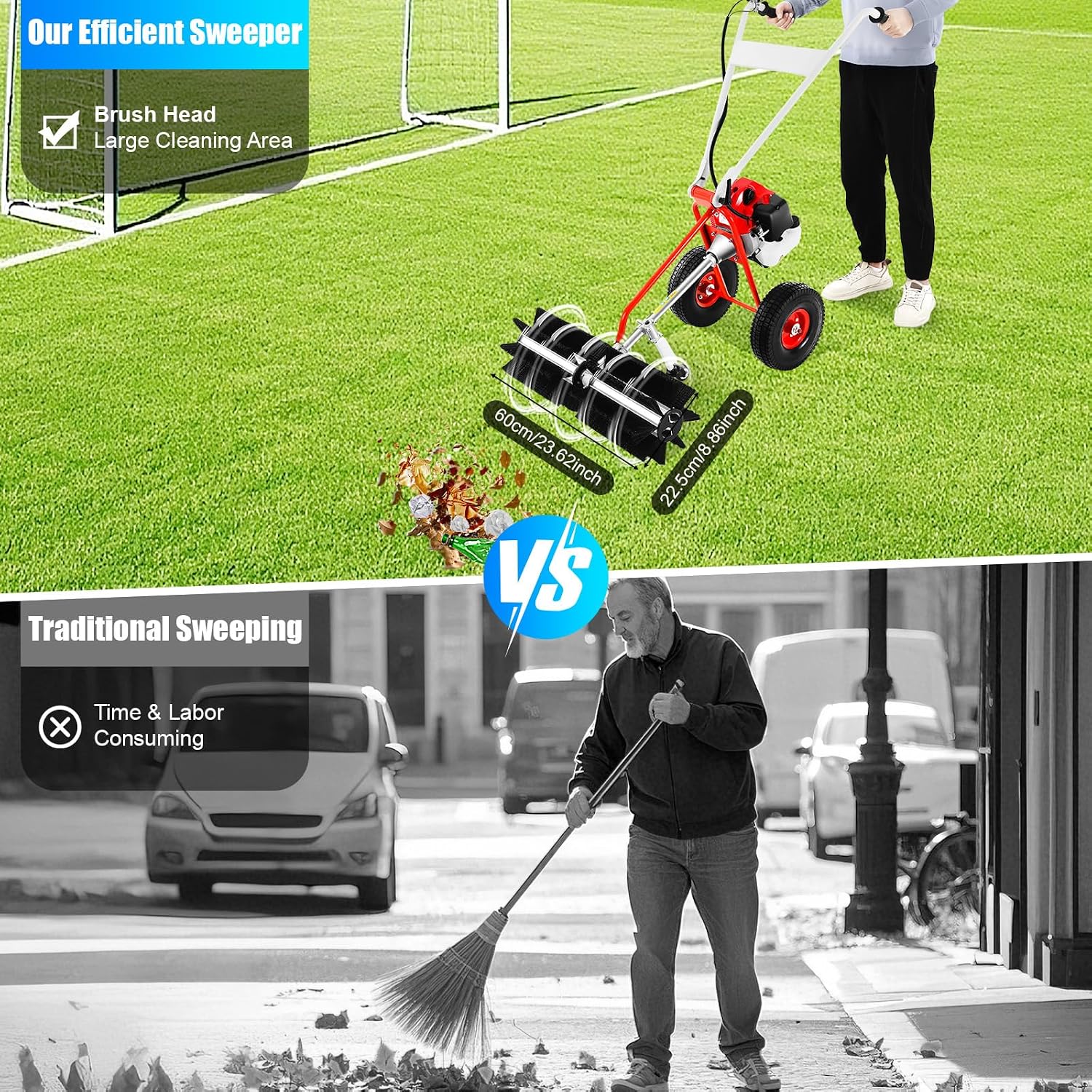 43CC 2-Stroke Gas Push Lawn Sweeper Broom, 1.7HP Gas Walk Behind Push Lawn Sweeper Handheld Walk Behind Snow Sweeper Broom Portable Driveway Turf Grass Cleaning Tool for Garden Yard Sidewalk