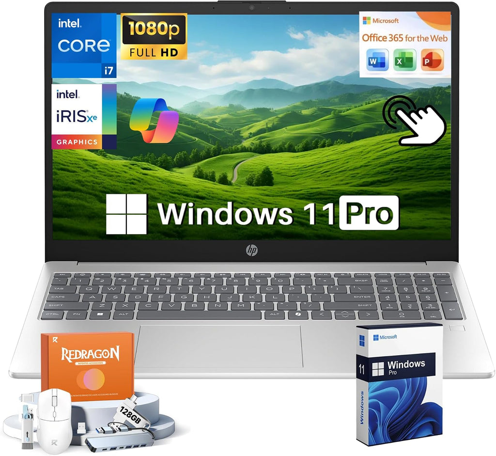 HP 15.6 Laptop Touchscreen Business, Free Office 365 for The Web, Intel 10-Core i7-1355U, 16GB DDR4, 512GB SSD, 15.6' FHD Display, Iris Xe Graphics, Fast Charge, Windows 11 Pro, Accessories