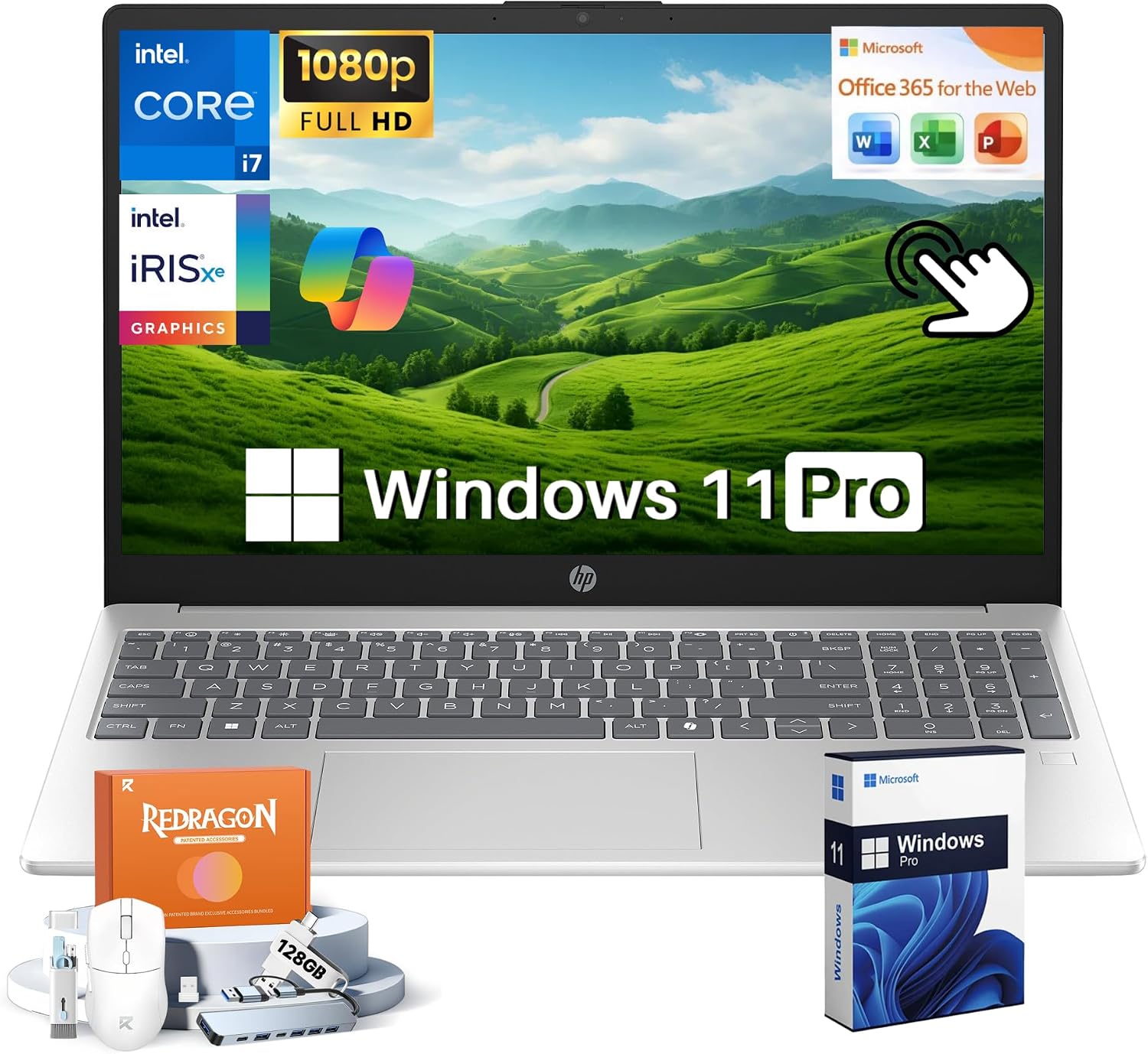 HP 15.6 Laptop Touchscreen Business, Free Office 365 for The Web, Intel 10-Core i7-1355U, 16GB DDR4, 512GB SSD, 15.6' FHD Display, Iris Xe Graphics, Fast Charge, Windows 11 Pro, Accessories