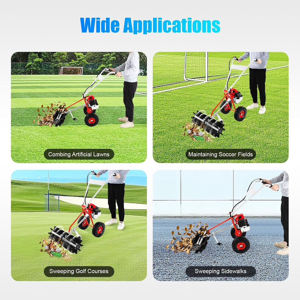 1.7HP Gas Power Broom Sweeper, 43CC 2 Stroke Walk Behind Hand Snow Sweeper, Portable Artificial Grass Brush Handheld Turf Lawn Sweeper Device, 8500RPM, for Garden Lawn Yard