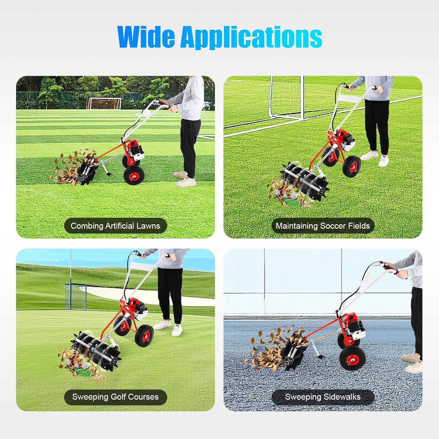 1.7HP Gas Power Broom Sweeper, 43CC 2 Stroke Walk Behind Hand Snow Sweeper, Portable Artificial Grass Brush Handheld Turf Lawn Sweeper Device, 8500RPM, for Garden Lawn Yard