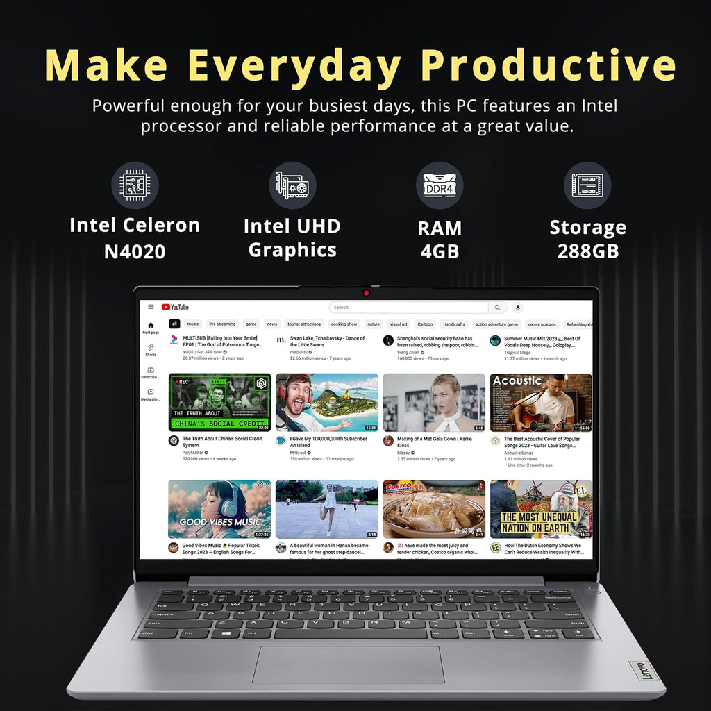Lenovo Ideapad 1 14' HD Laptop, Intel Celeron N4020, 4GB RAM, 288GB Storage(128GB eMMC+160GB Docking Station Set), Media Card Reader, Wi-Fi 6, Intel UHD Graphics, Windows 11 S, Cloud Grey
