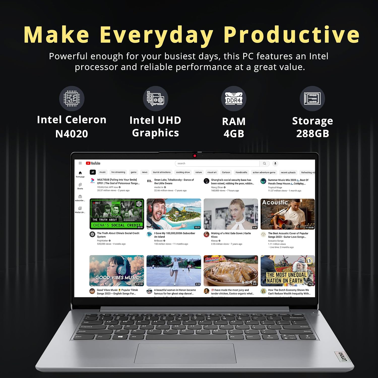 Lenovo Ideapad 1 14' HD Laptop, Intel Celeron N4020, 4GB RAM, 288GB Storage(128GB eMMC+160GB Docking Station Set), Media Card Reader, Wi-Fi 6, Intel UHD Graphics, Windows 11 S, Cloud Grey