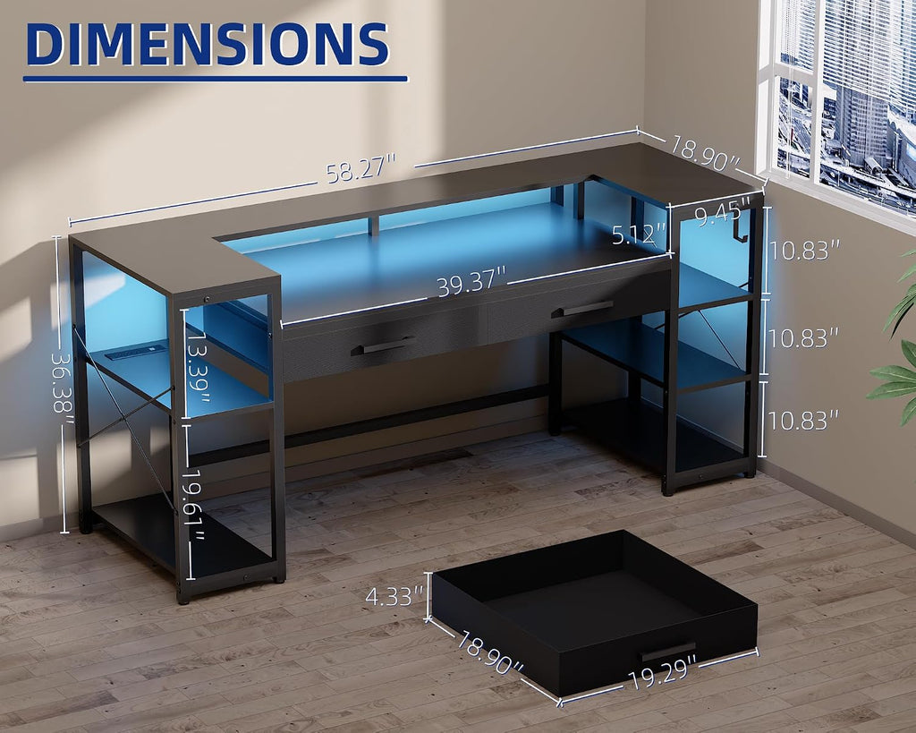 Pamray 58 Inch Computer Desk with Monitor Stand and Shelves Gaming Desk with LED Lights & Power Outlets PC Vanity Table with 2 Drawers for Home Office Grey