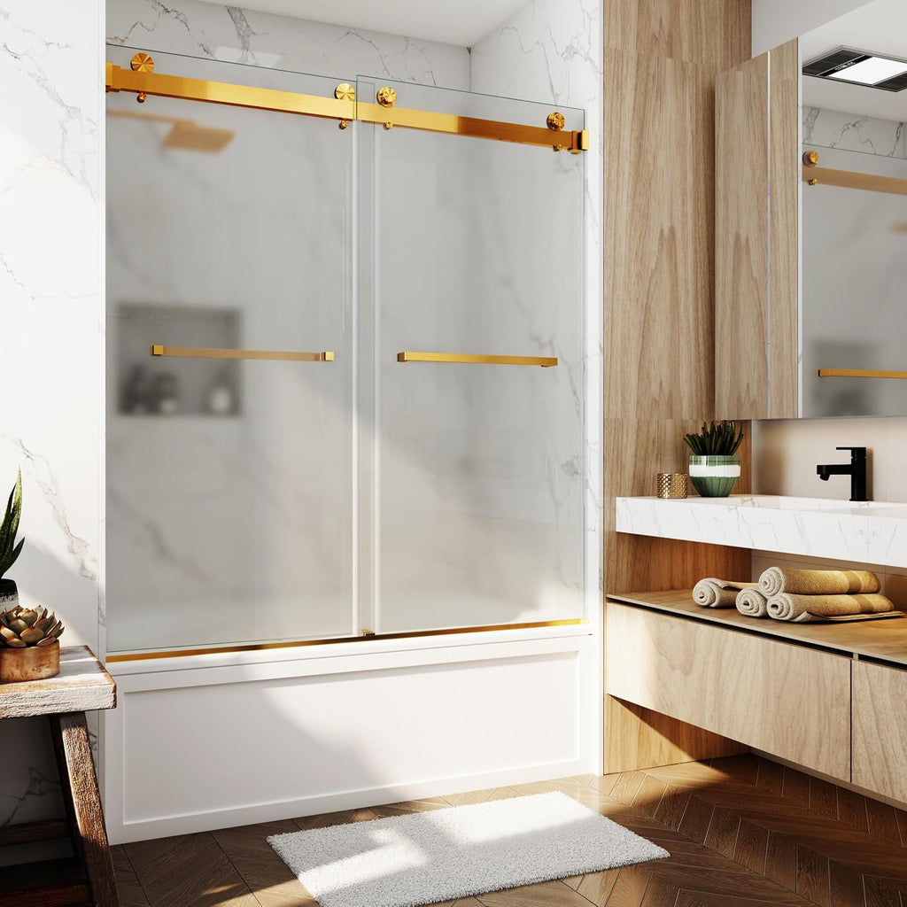 Bathtub Shower Doors Frosted 56-60' W x 66' H Double Sliding 3/8'(10mm) Frameless Tempere Glass Towel Bar Handle (Brushed Gold)