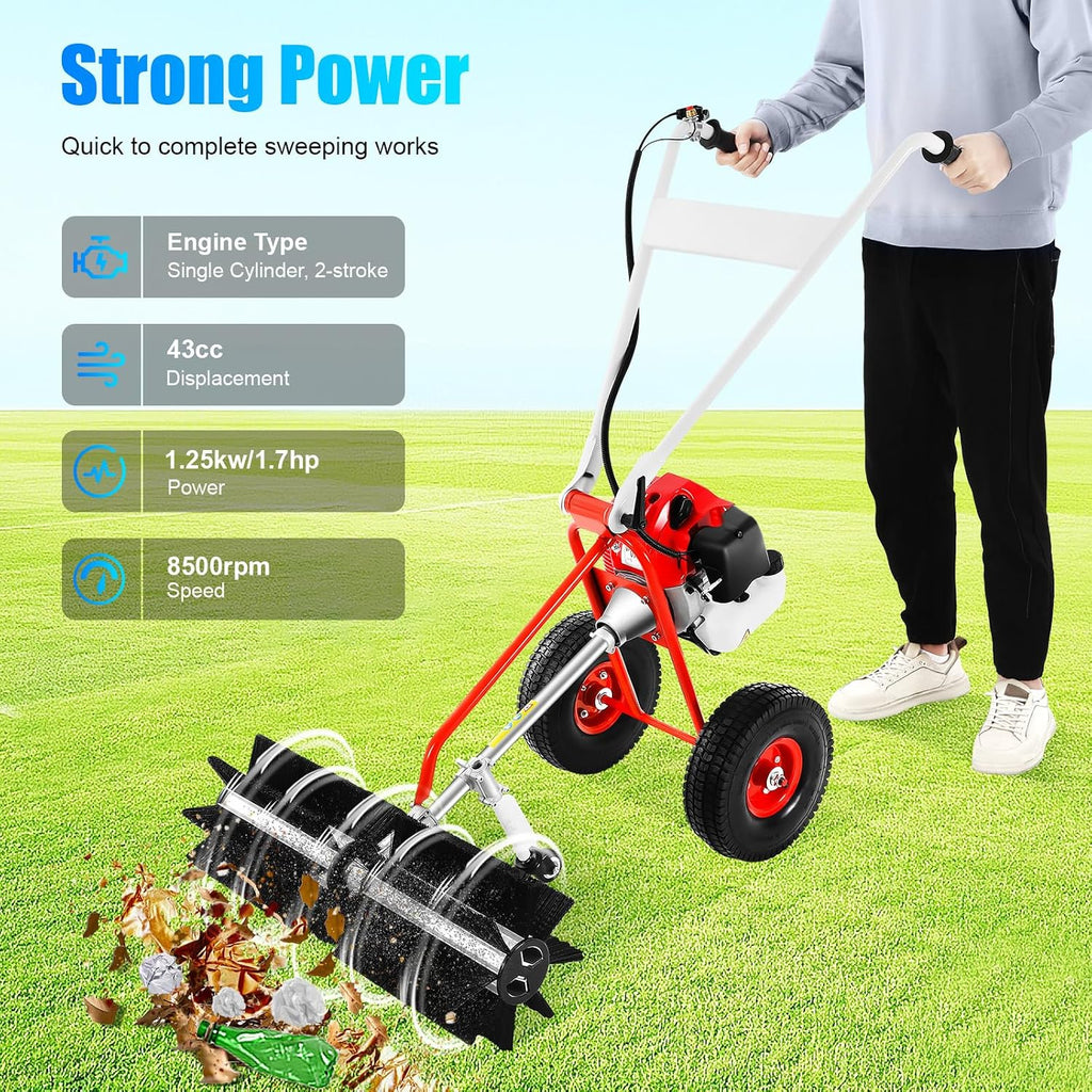 43CC 2-Stroke Gas Push Lawn Sweeper Broom, 1.7HP Gas Walk Behind Push Lawn Sweeper Handheld Walk Behind Snow Sweeper Broom Portable Driveway Turf Grass Cleaning Tool for Garden Yard Sidewalk