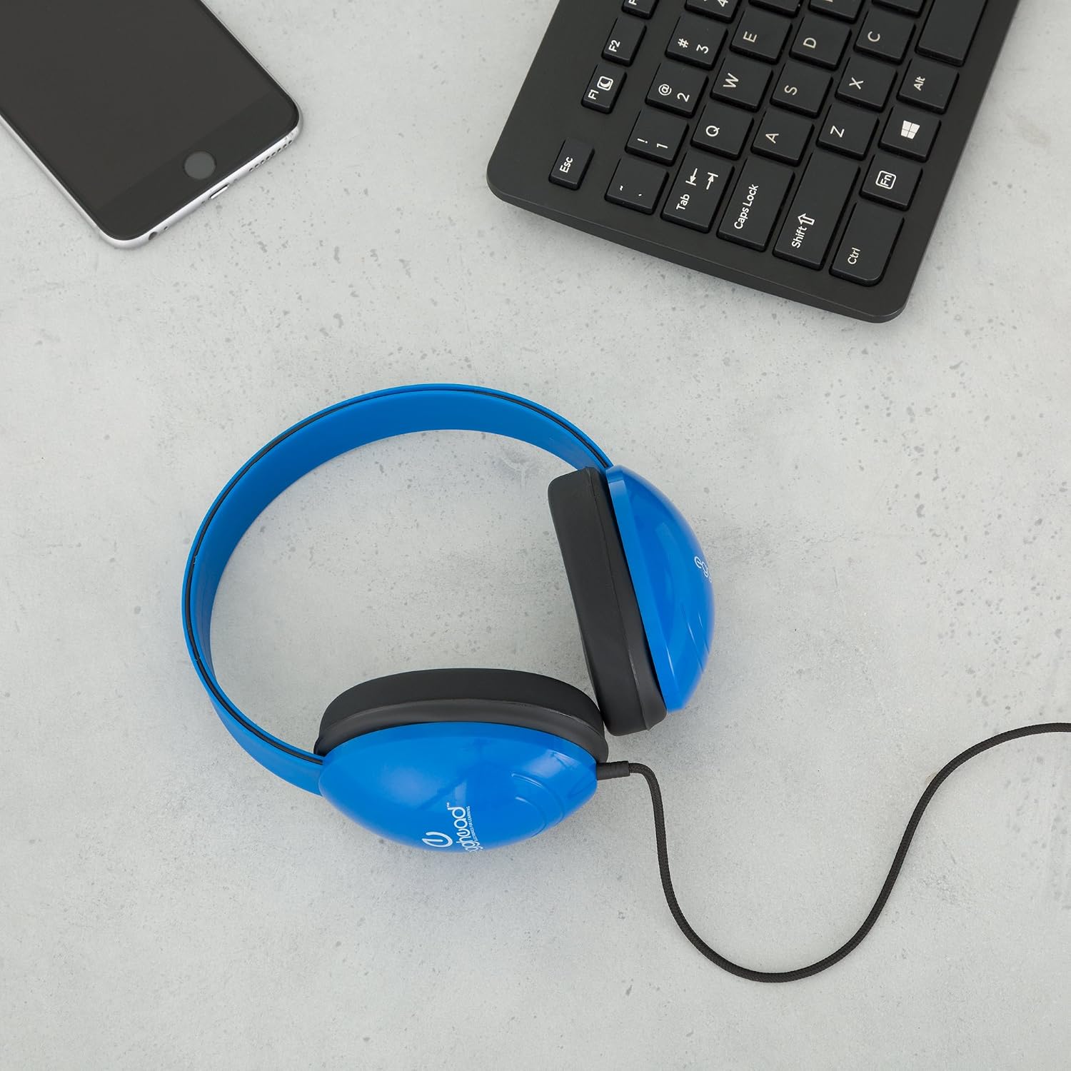 Egghead Heavy-Duty Kids' Headphones with Padded Ear Cups and 6' Cord, Adjustable Tangle-Free Plastic Classroom Headphones for Kids, Blue (Pack of 40)