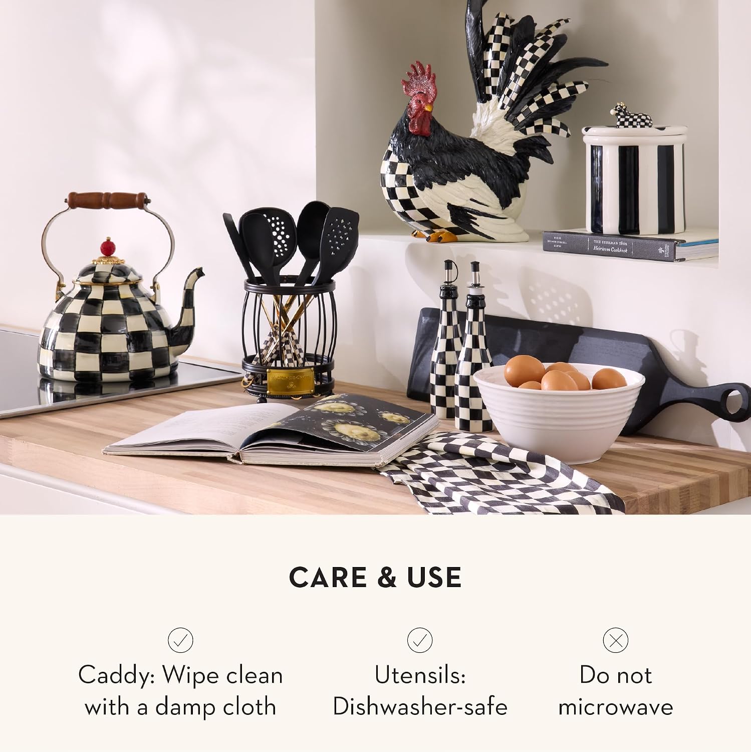 MACKENZIE-CHILDS Utensil Caddy Set with Kitchen Utensils, Black-and-White Courtly Check