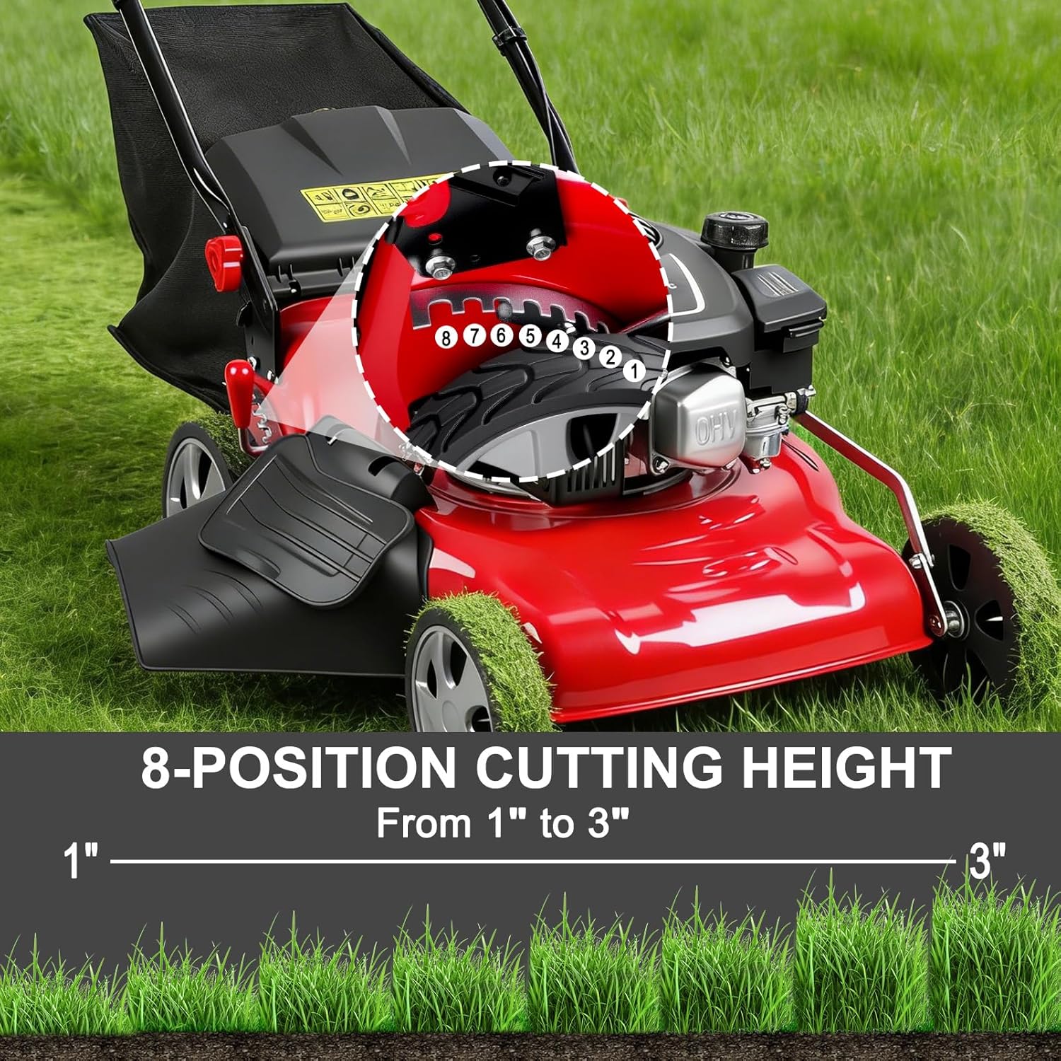 20 Inch Self Propelled Gas Lawn Mower | 131cc Gas Engine | 3 in 1 Functions/Bagging, Mulching, Side Discharge | Self-Propelled Rear Wheel System | 50L Grass Tank | Lightweight Design | Big Wheels Red