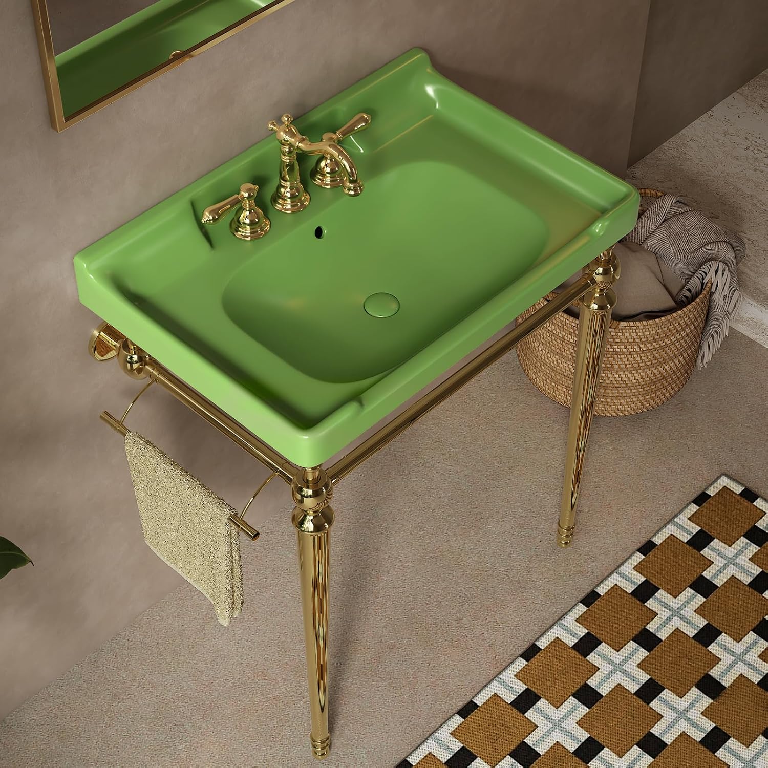 28' Free Standing Bathroom Vanity with Stainless Steel Brushed Gold Supporting Leg and Towel Rack, Black Bathroom Console Sink with 3 Tap Holes, Green Basin with Gold