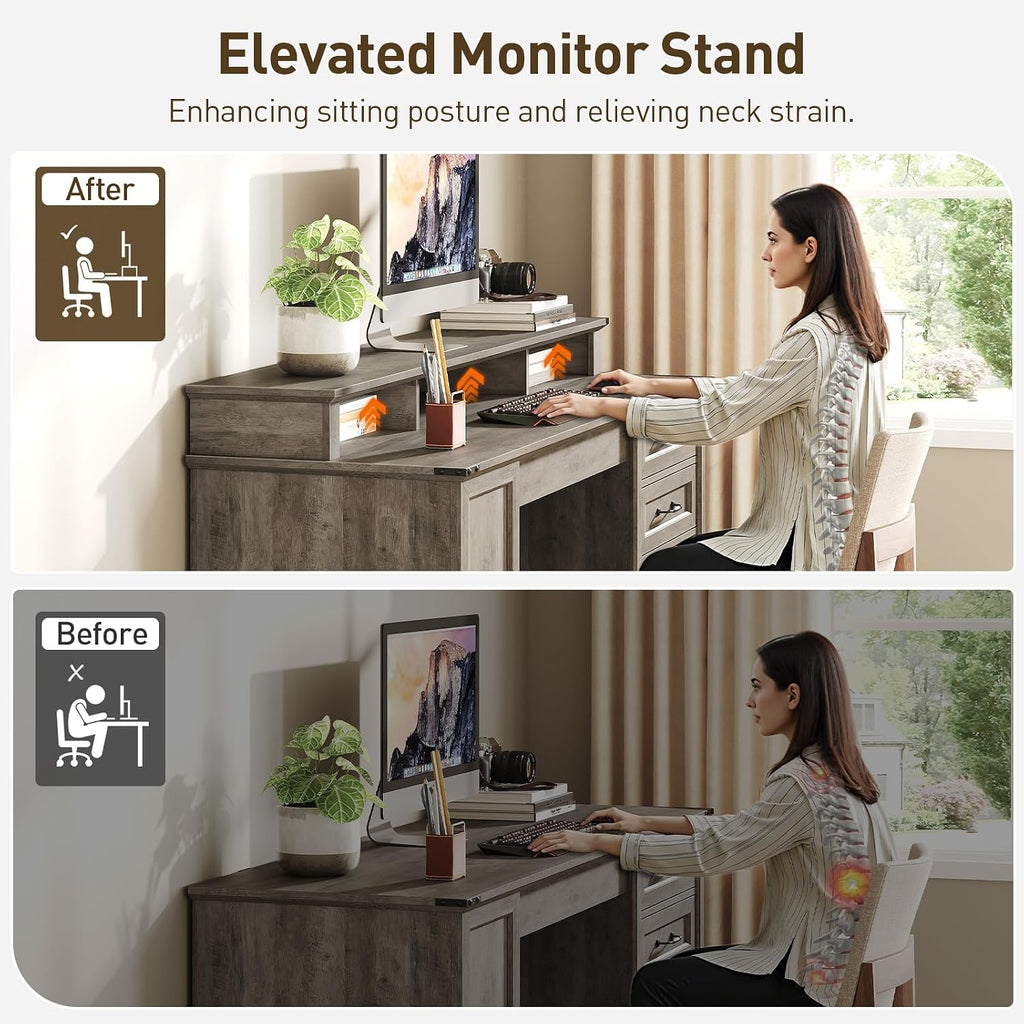 RALGEND 55'' Farmhouse Executive Desk with Drawers, Home Office Desk with File Cabinet and Storage Shelf, Charging Station, Computer Desk with Monitor Stand, Writing Gaming Desk, Greige