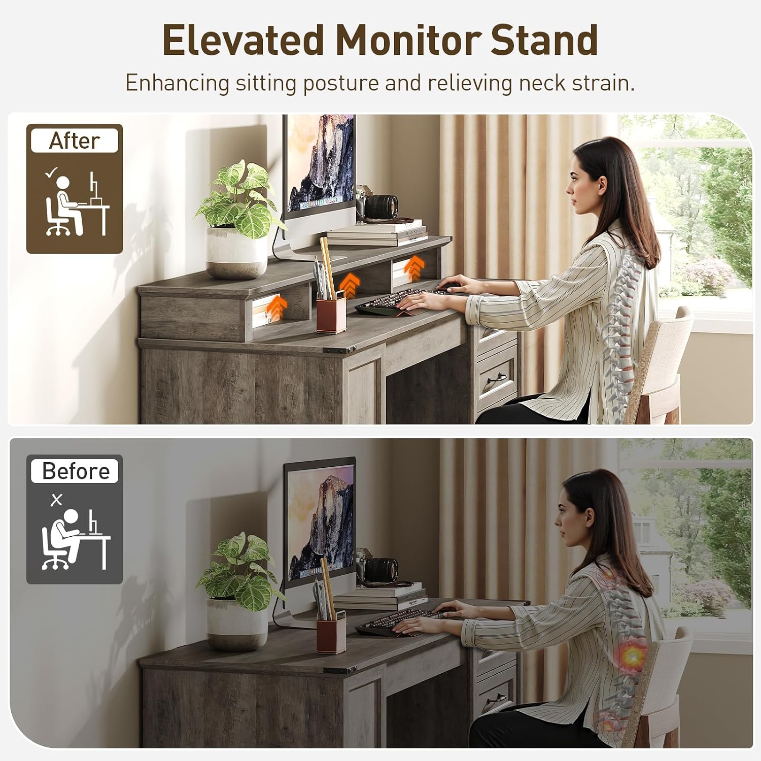 RALGEND 55'' Farmhouse Executive Desk with Drawers, Home Office Desk with File Cabinet and Storage Shelf, Charging Station, Computer Desk with Monitor Stand, Writing Gaming Desk, Greige