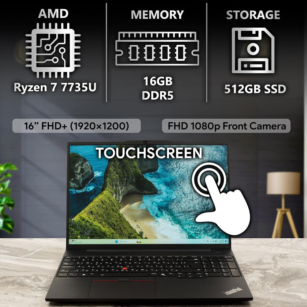 Lenovo ThinkPad E16 Gen 2, 16' Touchscreen IPS Display, AMD Ryzen 7 7735U (Beat Ultra 7 268V), 16GB DDR5, 512GB PCIe SSD, FP, Backlit KB, WiFi 6E + BT, RJ-45, FHD Webcam, W11P, Business Laptop