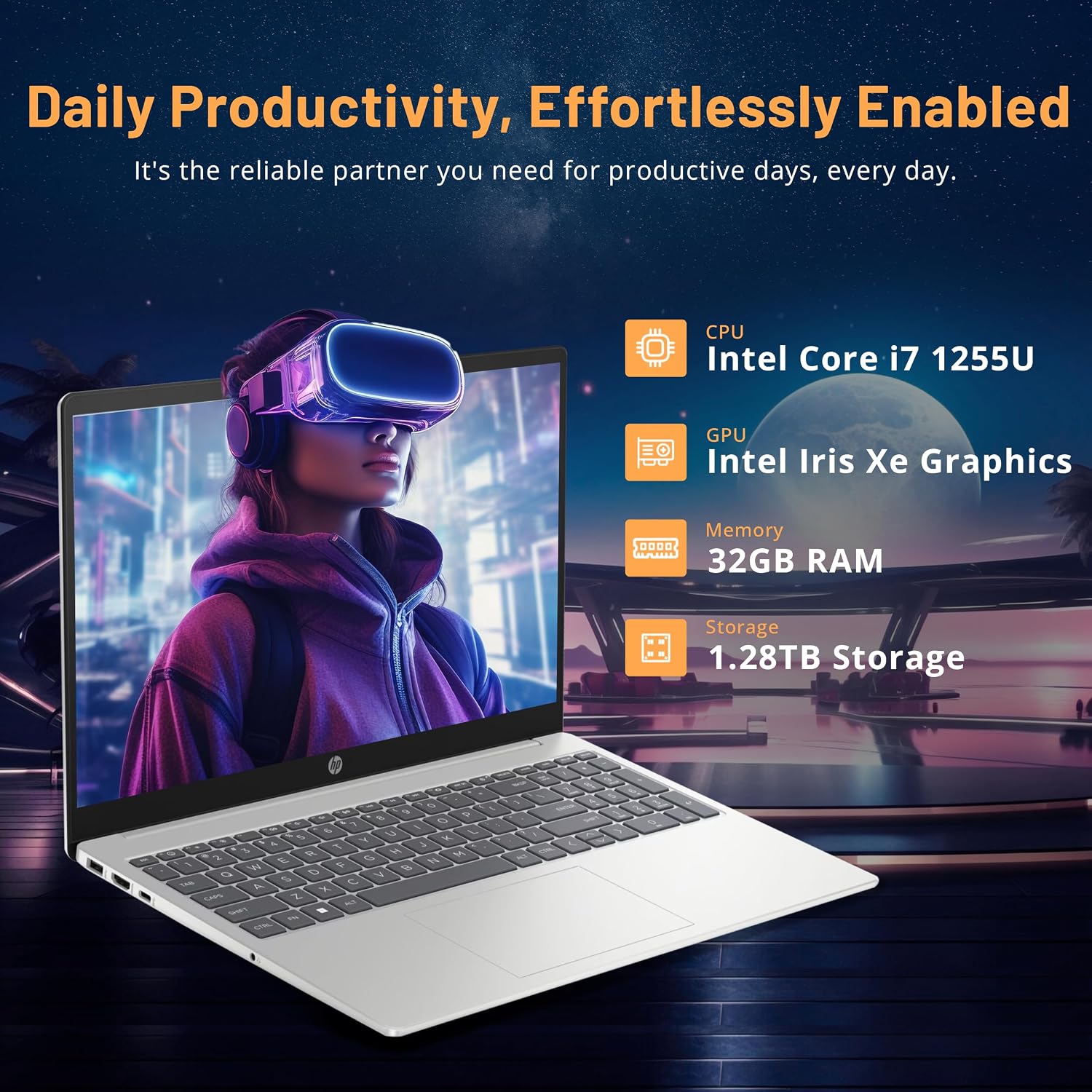HP 15.6'' FHD IPS Touchscreen Laptop, Intel i7-1255U, 32GB DDR4 RAM, 1.28TB Storage(1TB SSD+288GB Docking Station Set), Intel Iris Xe Graphics, Wi-Fi 6E, Number Pad, Windows 11 Pro, Silver