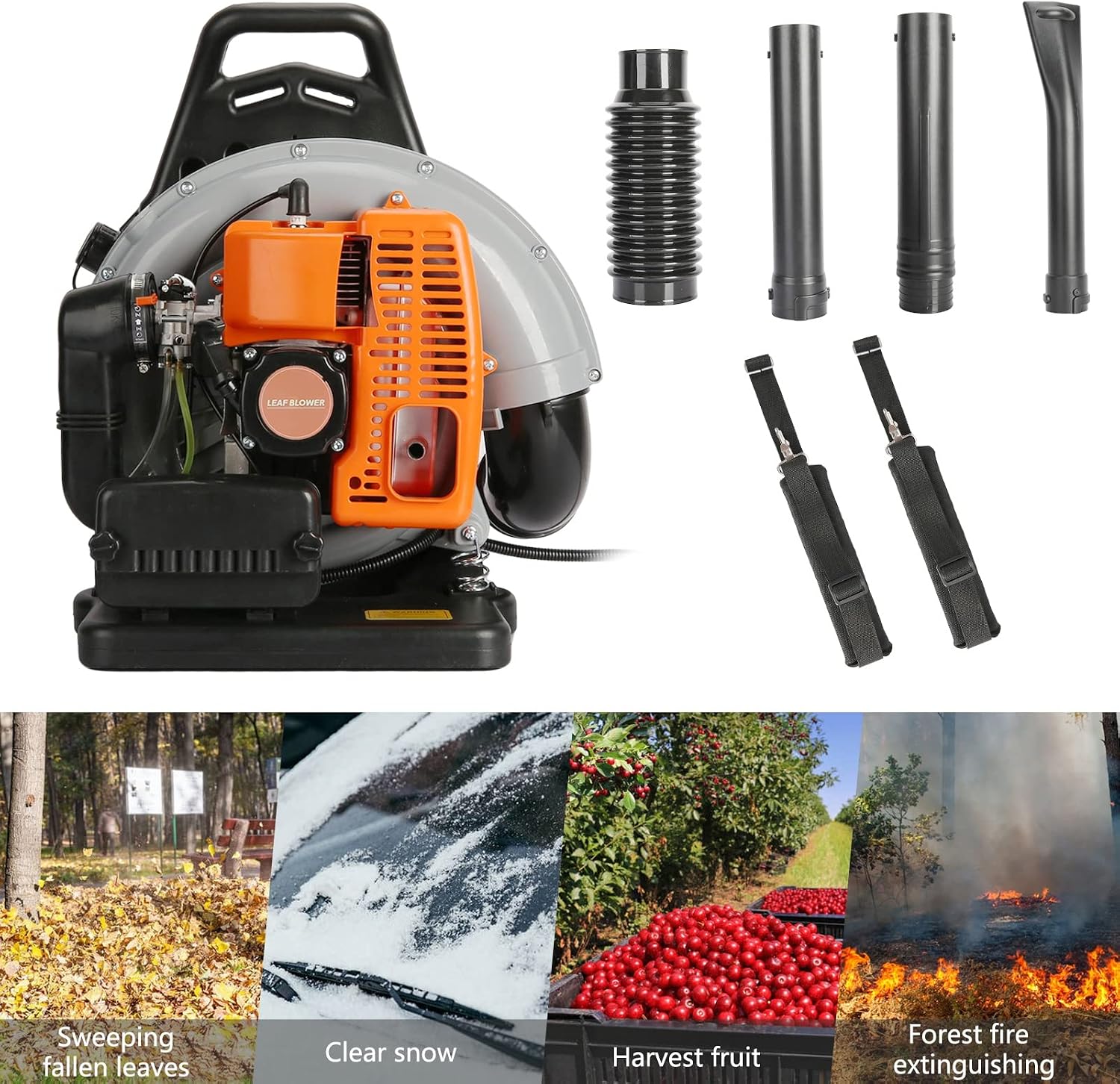 63CC 3HP 2 Stroke Backpack Gas Powered Leaf Blower, High Strength Snow Grass Lawn Blower Air Cooling Gasoline with Single-Cylinder Air-Cooled for Gutter,Garden,Yard Ora Orange