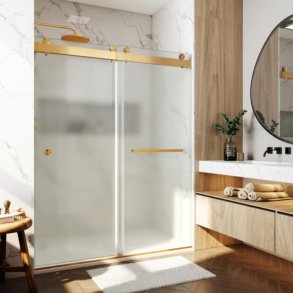 3/8'(10mm) 56-60' W x 79' H Shower Doors Frosted Glass Soft Closing Double Sliding Frameless Hidden Pull Handle and Towel Bar Handle Stainless Steel Hardware (Brushed Gold)