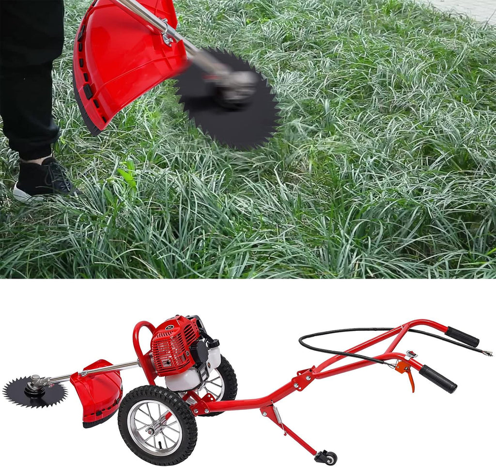 49CC Gas Powered Lawn Mower, 2 Stroke Hand Push Weed Wacker with Wheels, 1.8Kw 7000Rpm Behind Push Grass Trimmer, Brush Cutter for Lawn, Garden, Hills, Plains & Orchards
