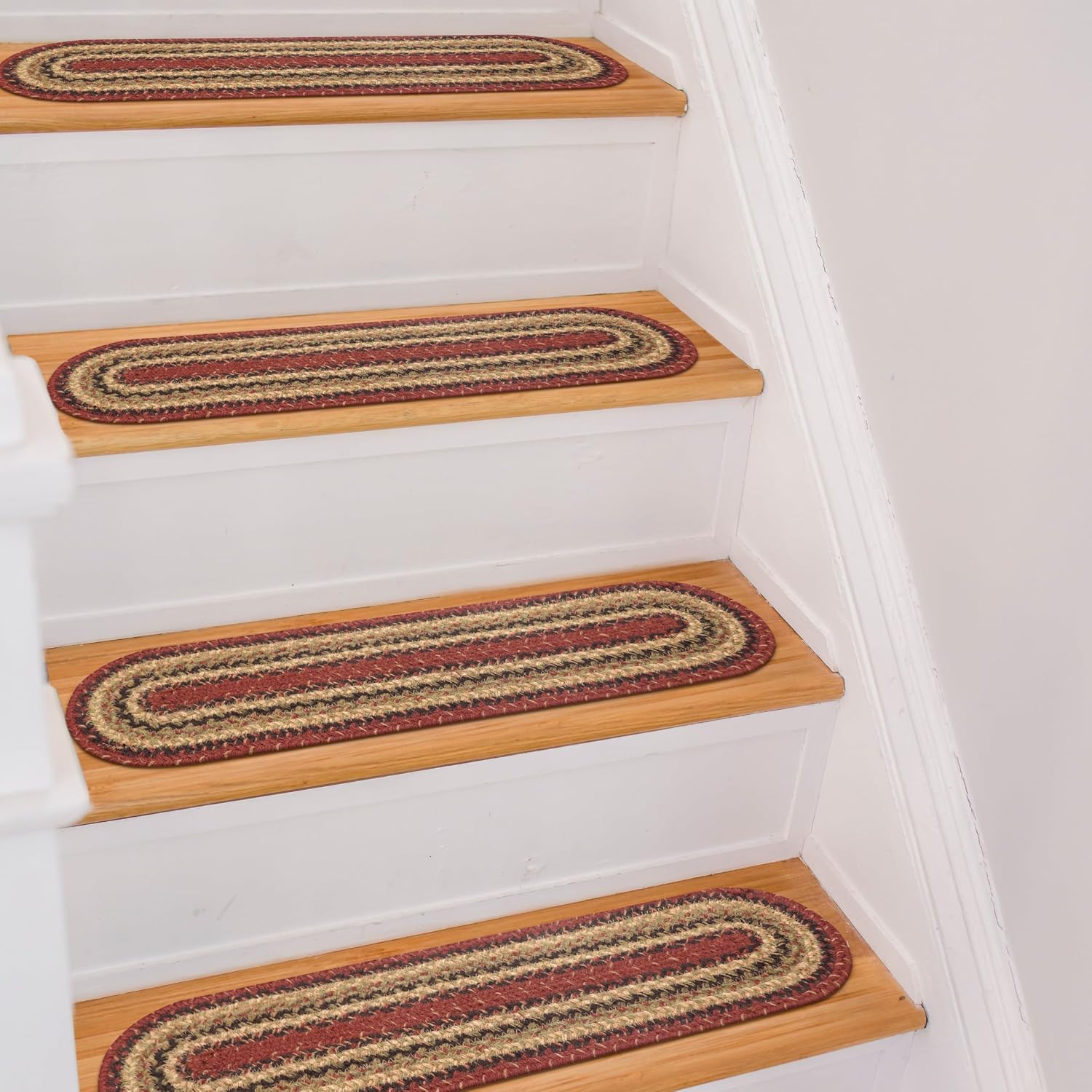 Homespice Highland Jute Braided Staircase Step Treads, Country Lodge Decor, Set of 13, Multicolor 8x28 Oval Rug for Stairs - Easy to Clean, Tightly Stitched and Durable