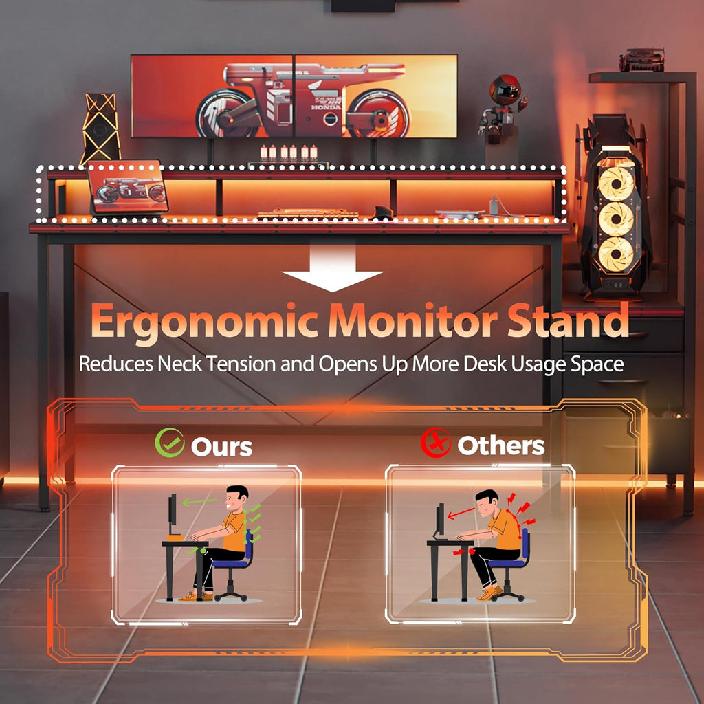Mericonia 52 inch Gaming Desk with LED Lights & Power Outlets, Reversible Computer Desk with Storage Drawers & Monitor Stand, Large Gaming Table for Home Office