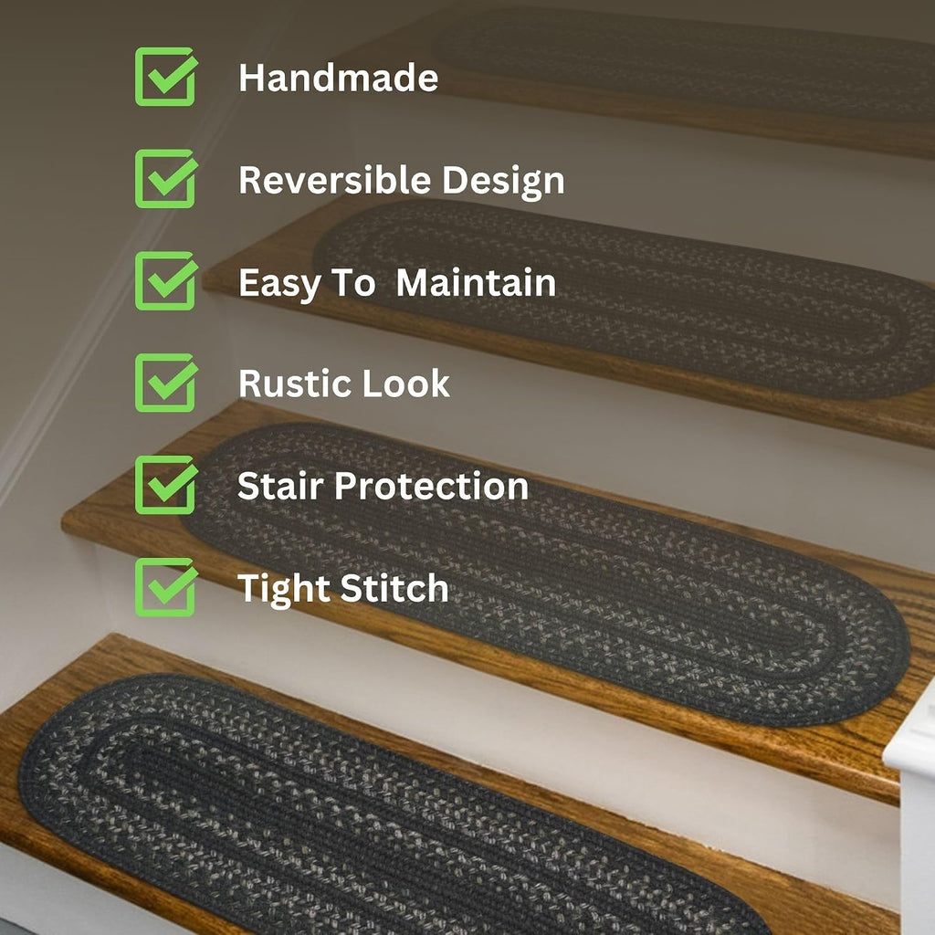 Homespice Jet Black Premium Jute Braided Stair Tread 8' x 28' (Set of 13) Oval Black, Tan Reversible, Natural Jute Yarn Rustic, Country, Primitive, Farmhouse Style - 30 Day Risk Free Purchase
