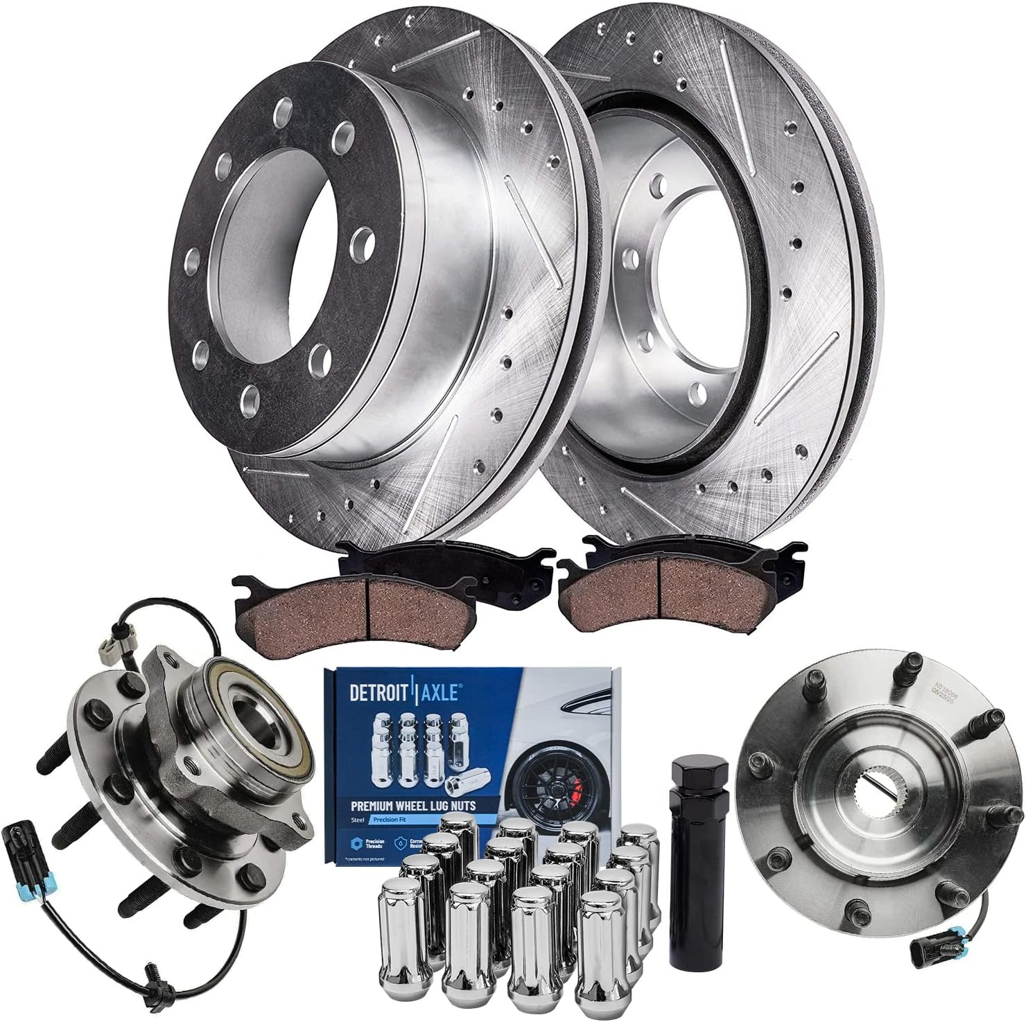 Detroit Axle - Front Wheel Bearing Hub Brake Kit for Chevy Silverado GMC Sierra 1500 2500 3500 HD Suburban Avalanche Yukon XL 2500 Hummer H2, Brake Rotors Wheel Hub Brake Pads Lug Nuts