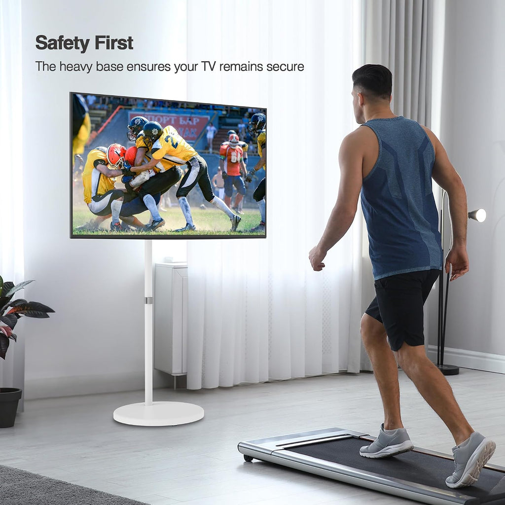 AVLT Single 17 to 43 Inch Portable Monitor Arm TV Rolling Stand with Heavy Base for Screens Up to 22 lbs, Mechanical Spring Height Adjustment, Screen Rotation, Mobile Low Profile Caster Wheel, White