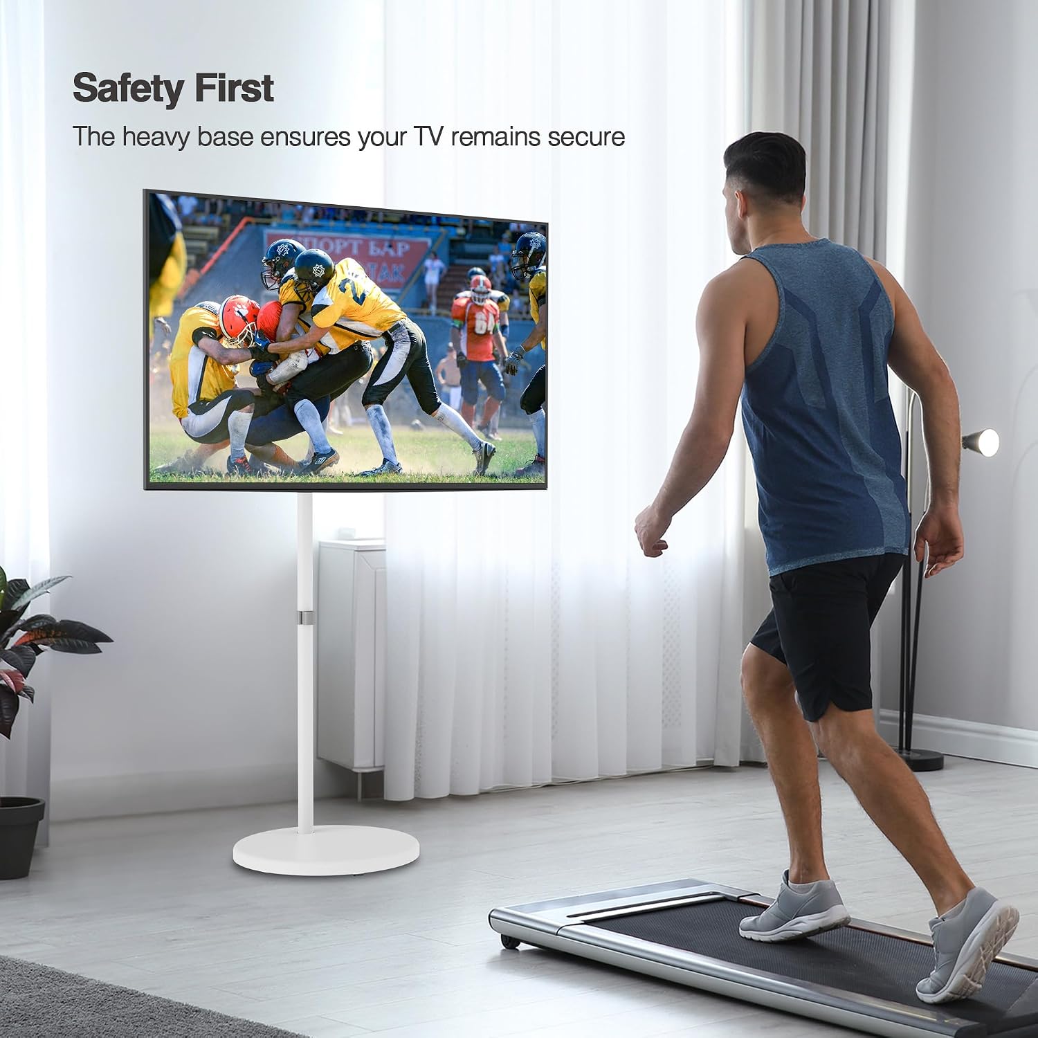 AVLT Single 17 to 43 Inch Portable Monitor Arm TV Rolling Stand with Heavy Base for Screens Up to 22 lbs, Mechanical Spring Height Adjustment, Screen Rotation, Mobile Low Profile Caster Wheel, White