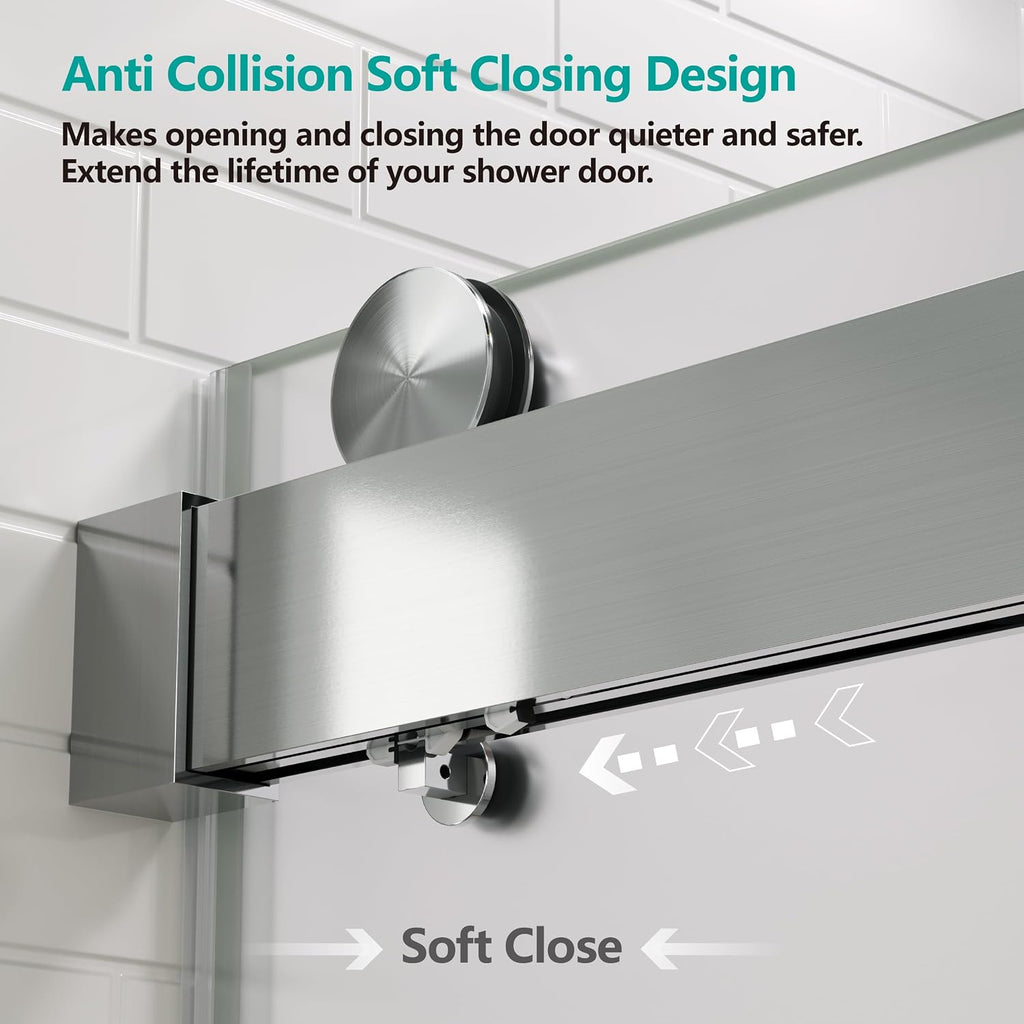 3/8'(10mm) 56-60' W x 76' H Shower Doors Frosted Glass Soft Closing Double Sliding Frameless Hidden Pull Handle and Towel Bar Handle Stainless Steel Hardware (Brushed Nickel)
