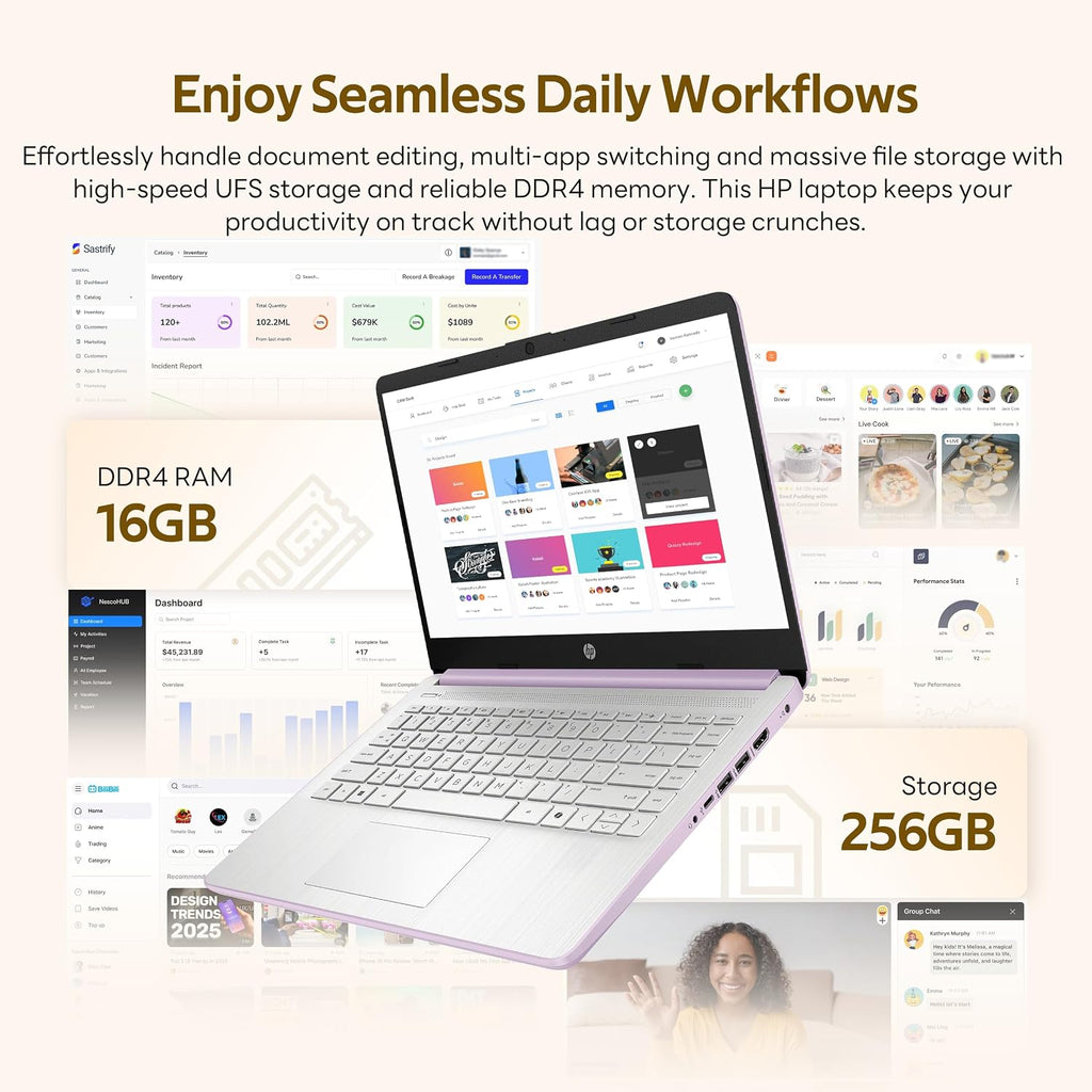 HP Flagship 14' HD Student&Business Laptop with AI Copilot, 13th Gen Intel 4-Core, 16GB RAM, 256GB Storage (128GB UFS + 128GB Docking Station), 1 Year Office 365, 720p Webcam, Win 11, Lavender Purple