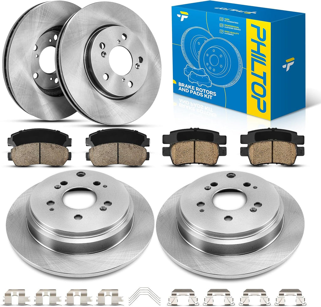 PHILTOP Front and Rear Brake Kit For Honda Odyssey 2005-2010, Brake Rotors and Brake Pads Kit Replace #31368+D1521+31369+D1088, Front 11.65（296mm）, Rear 12.32（313mm）
