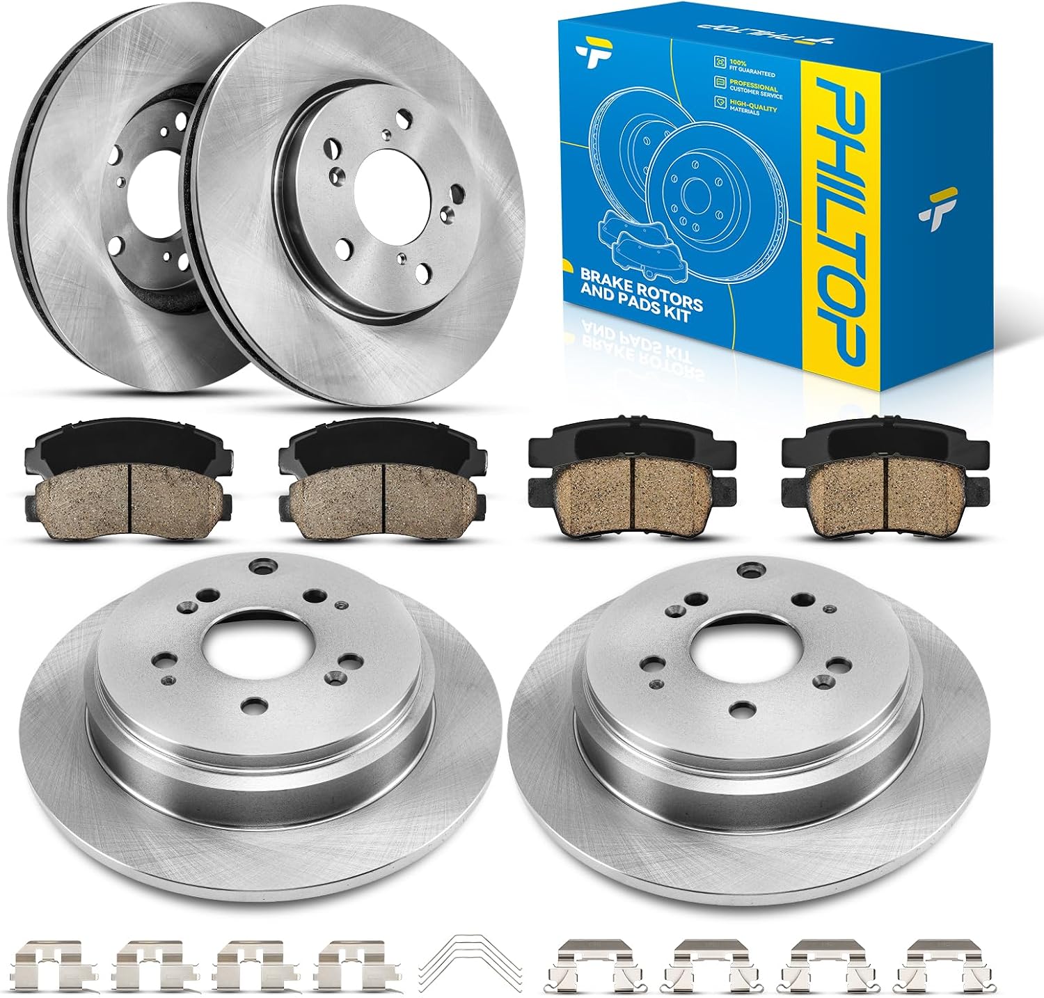PHILTOP Front and Rear Brake Kit For Honda Odyssey 2005-2010, Brake Rotors and Brake Pads Kit Replace #31368+D1521+31369+D1088, Front 11.65（296mm）, Rear 12.32（313mm）