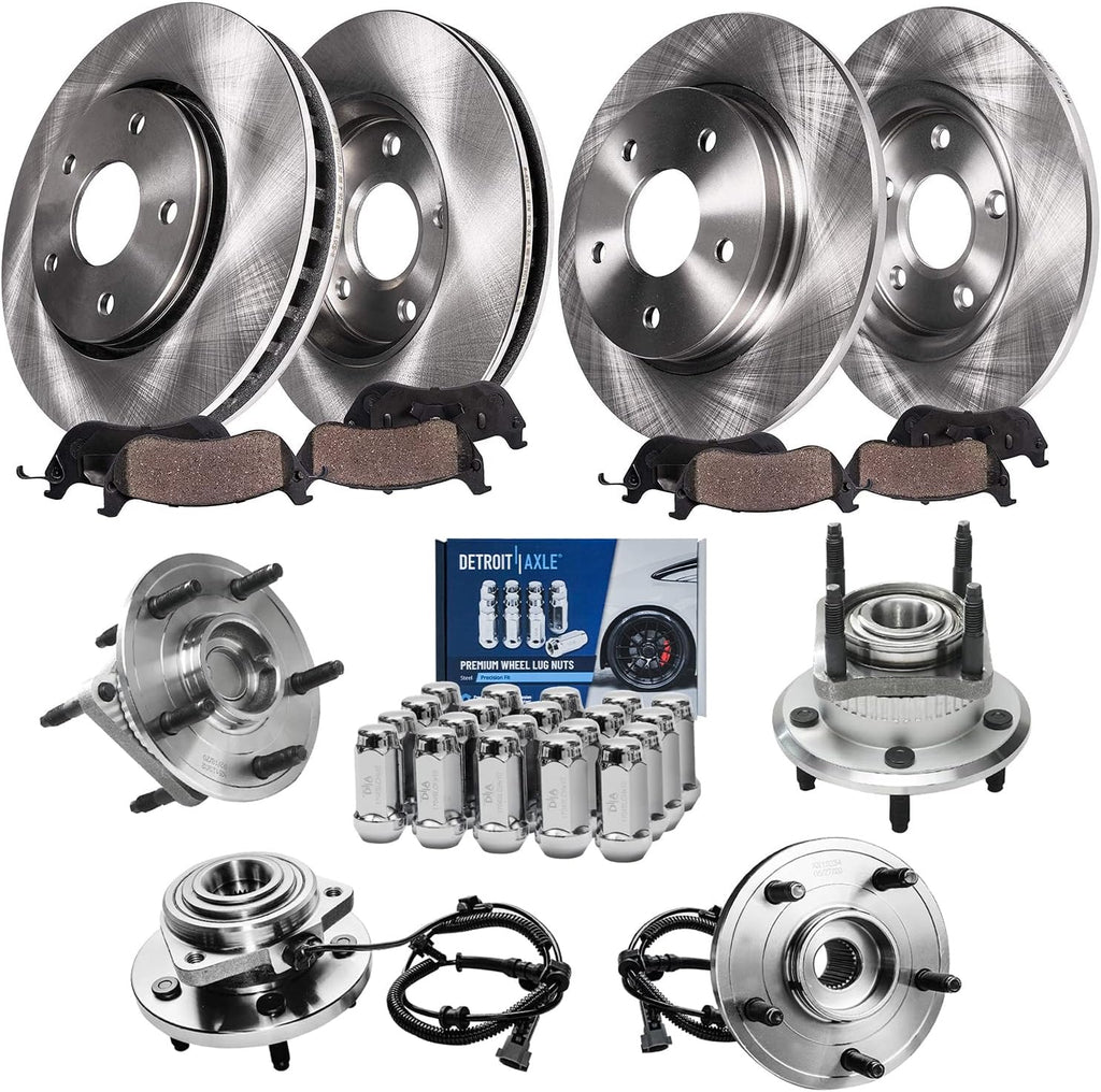 Detroit Axle - Brake Kit for 05-10 Jeep Commander Grand Cherokee, Front & Rear Disc Brake Rotors Ceramic Brake Pads Wheel Bearing & Hubs Wheel Lug Nuts 2005 2006 2007 2008 2009 2010 Replacement