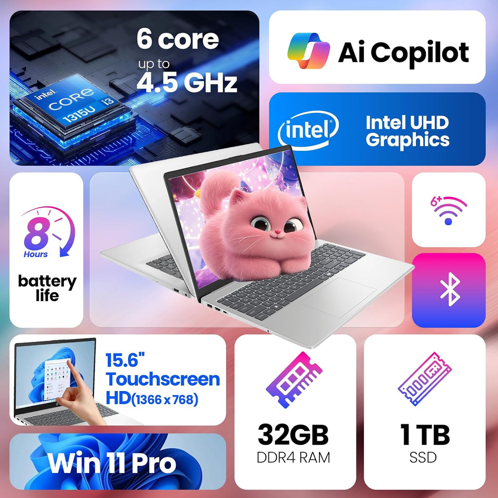 HP 2025 15.6' Touchscreen Laptop, 13th Gen Intel Core i3-1315U (Up to 4.5GHz), 16GB RAM, 512GB SSD, Wi-Fi 6, BT 5.3, Windows 11 Pro Business Laptops Computer, G255 Accessory Kit
