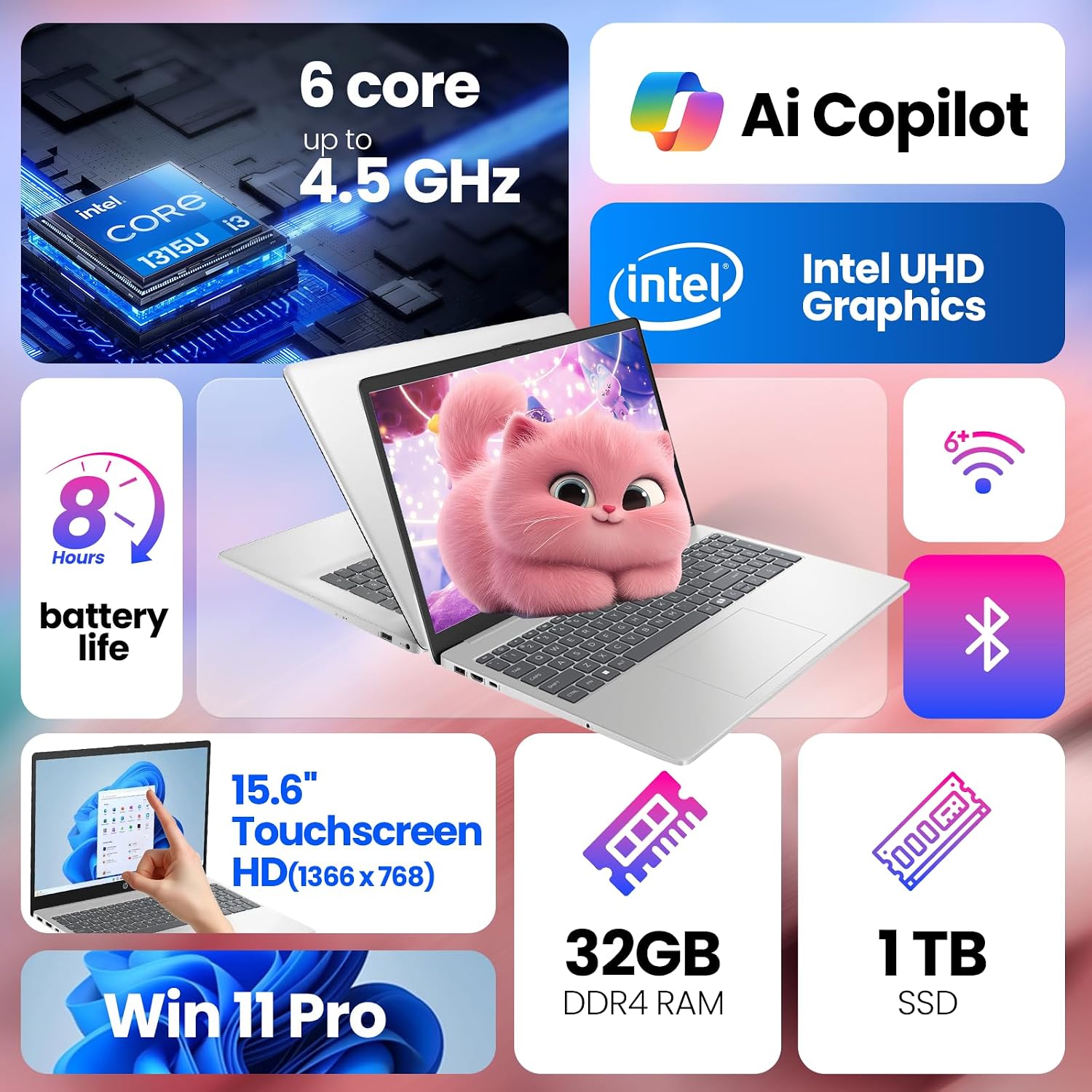 HP 2025 15.6' Touchscreen Laptop, 13th Gen Intel Core i3-1315U (Up to 4.5GHz), 16GB RAM, 512GB SSD, Wi-Fi 6, BT 5.3, Windows 11 Pro Business Laptops Computer, G255 Accessory Kit