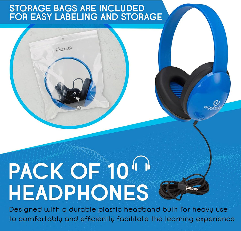 Egghead Heavy-Duty Kids' Headphones with Padded Ear Cups and 6' Cord, Adjustable Tangle-Free Plastic Classroom Headphones for Kids, Blue (Pack of 40)
