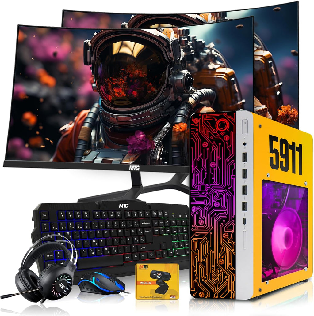 HP Gaming PC Desktop Computer 5911 AMD A10-9700, RX 550, 16GB RAM, 1TB SSD, Dual 24 Inch Curved Monitor, RGB KBM with AI Copilot, WiFi, RGB Headphone, Webcam, Windows 11 (Renewed)