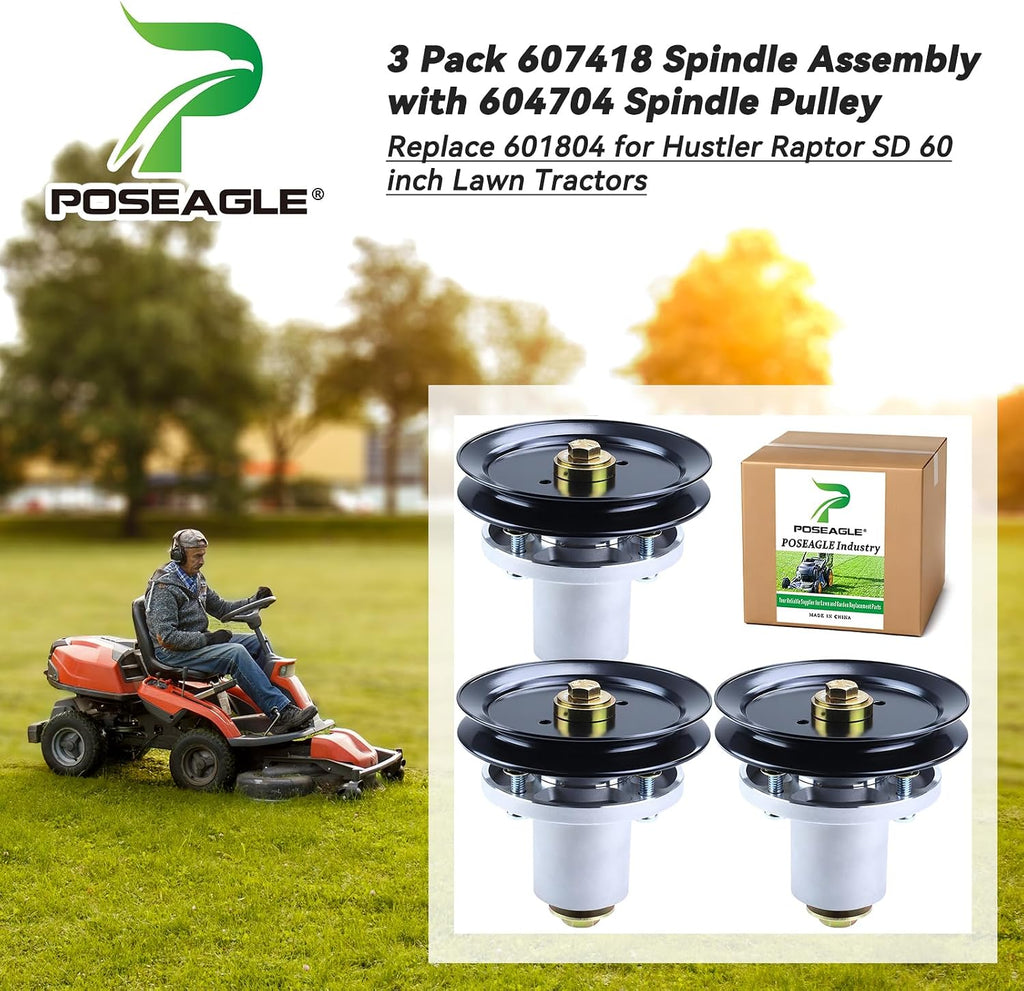 3 Pack 607418 Spindle Assembly with 604704 Spindle Pulley Replaces Hustler 601804 Spindle Assembly for Hustler Raptor SD 60 Deck Spindles, Hustler 60 inch Mower Deck Spindles