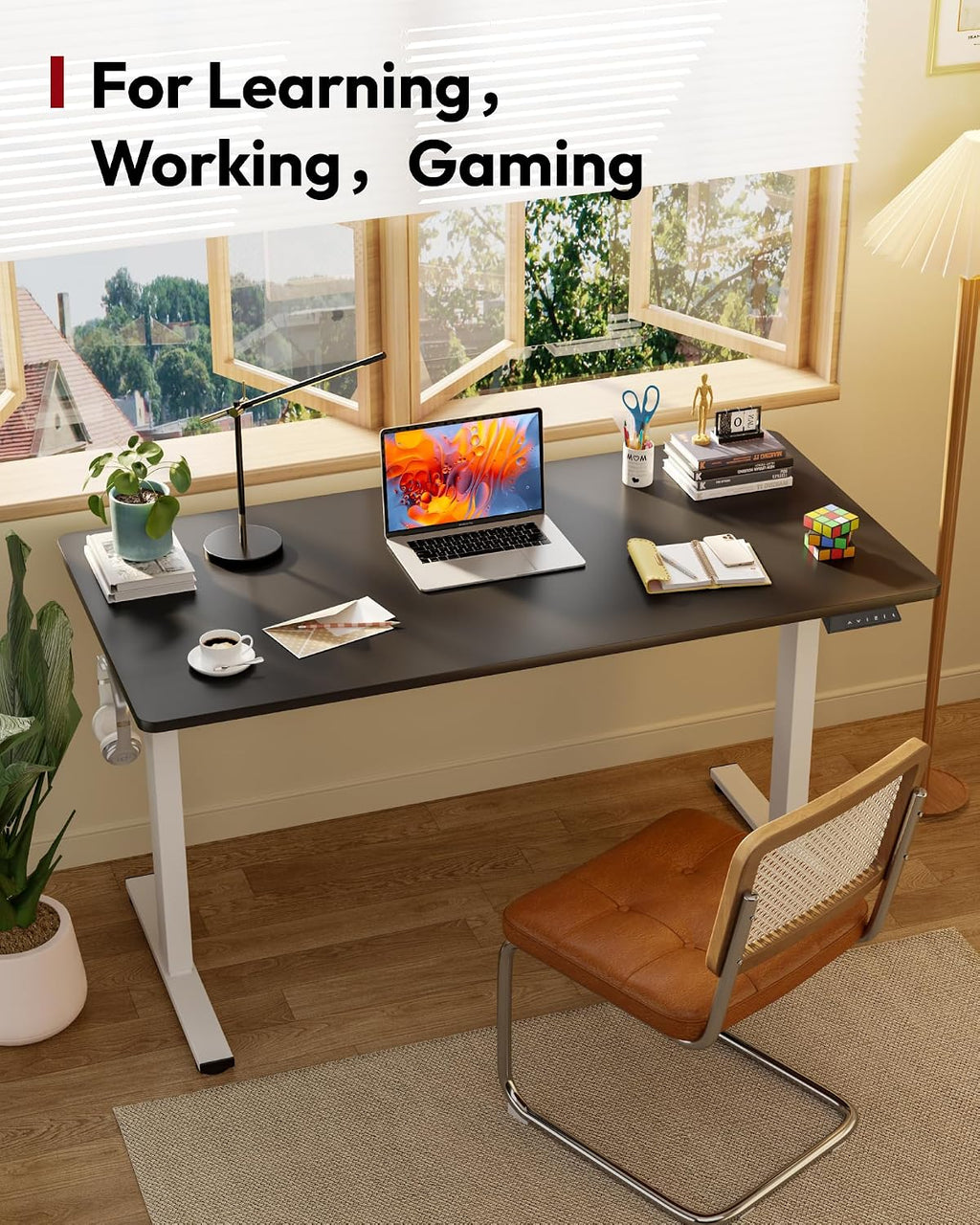 SANODESK Electric Standing Desk 48 x 30 Inches Whole-Piece Desktop Height Adjustable Stand Up Desk w/6-Button Controller Ergonomic Computer Desk for Home Office, White Frame + Black Tabletop