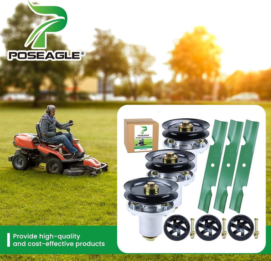 48 Inch Mower Deck Rebuild Kit for Hustler Raptor SD 48 Spindles, Raptor Flip-Up Includes 3 Pack 601804 607418 Spindle Assembly with 604665 Spindle Pulley 788166 Wheel 601123 Mower Blades