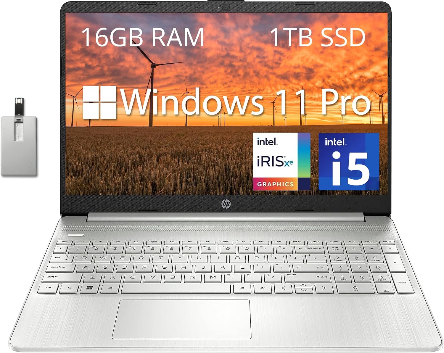 HP 15.6' FHD Laptop for Business & Students, Intel i5-1135G7, 16GB DDR4 RAM, 1TB PCIe SSD, Intel Iris Xe Graphics, Wi-Fi 6, Number Pad, Webcam, Win 11 Pro, Silver, 32GB USB Card