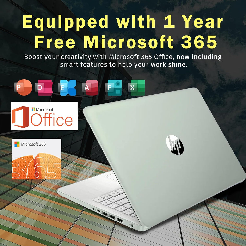 HP 14-inch Ultra Light Laptop W/1 Year Office 365&AI-Copilot, Intel Processor N150, 16GB RAM, 416GB Storage (128GB UFS + 288GB Docking Set), HD Camera, Long Battery Life, Wi-Fi 6, Win 11s, Green